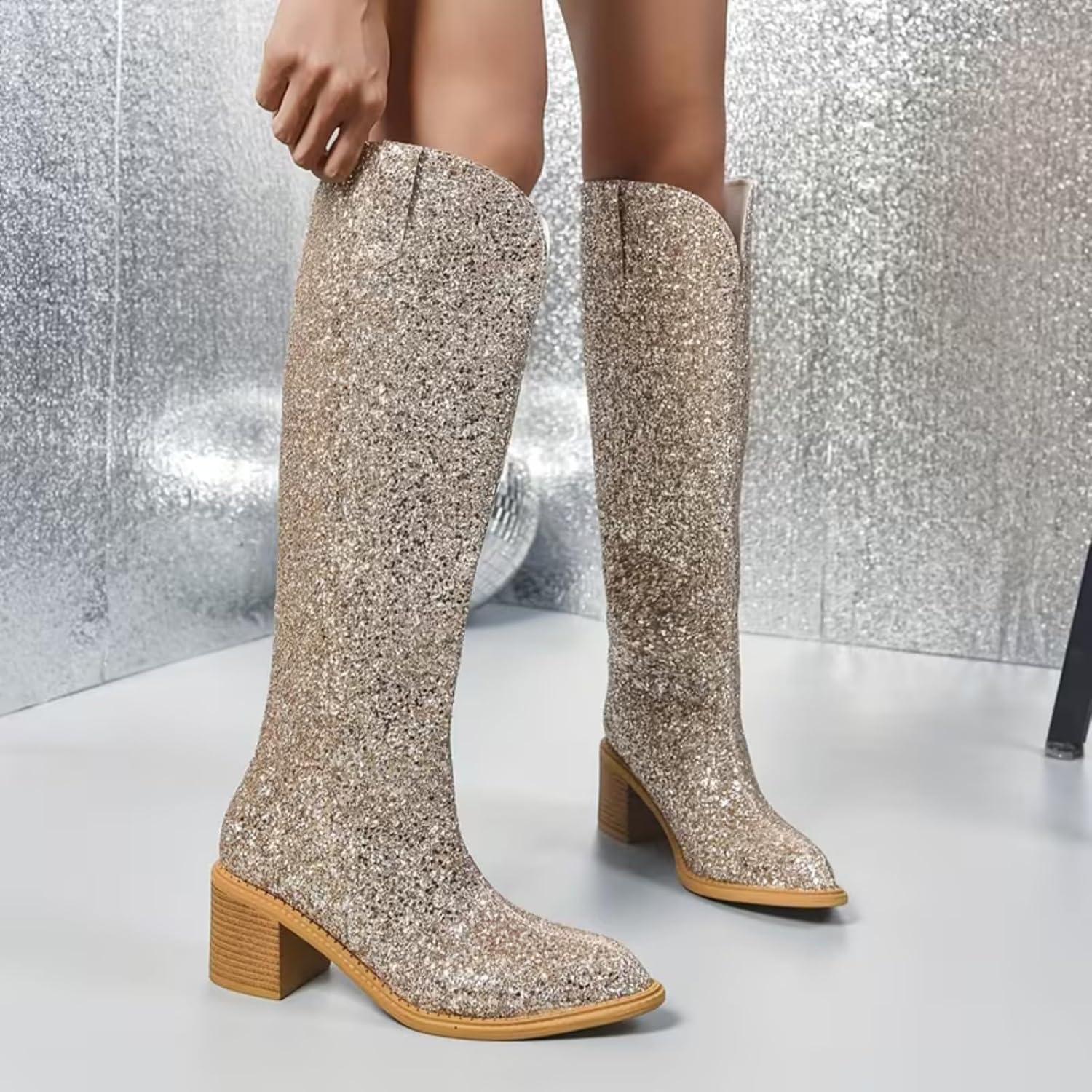 image:imageBottines paillettes pour femme avec strass et talons pais avec fermeture clair latrale bout rond talon bloc bas court habill confortable dcontractOr Haut