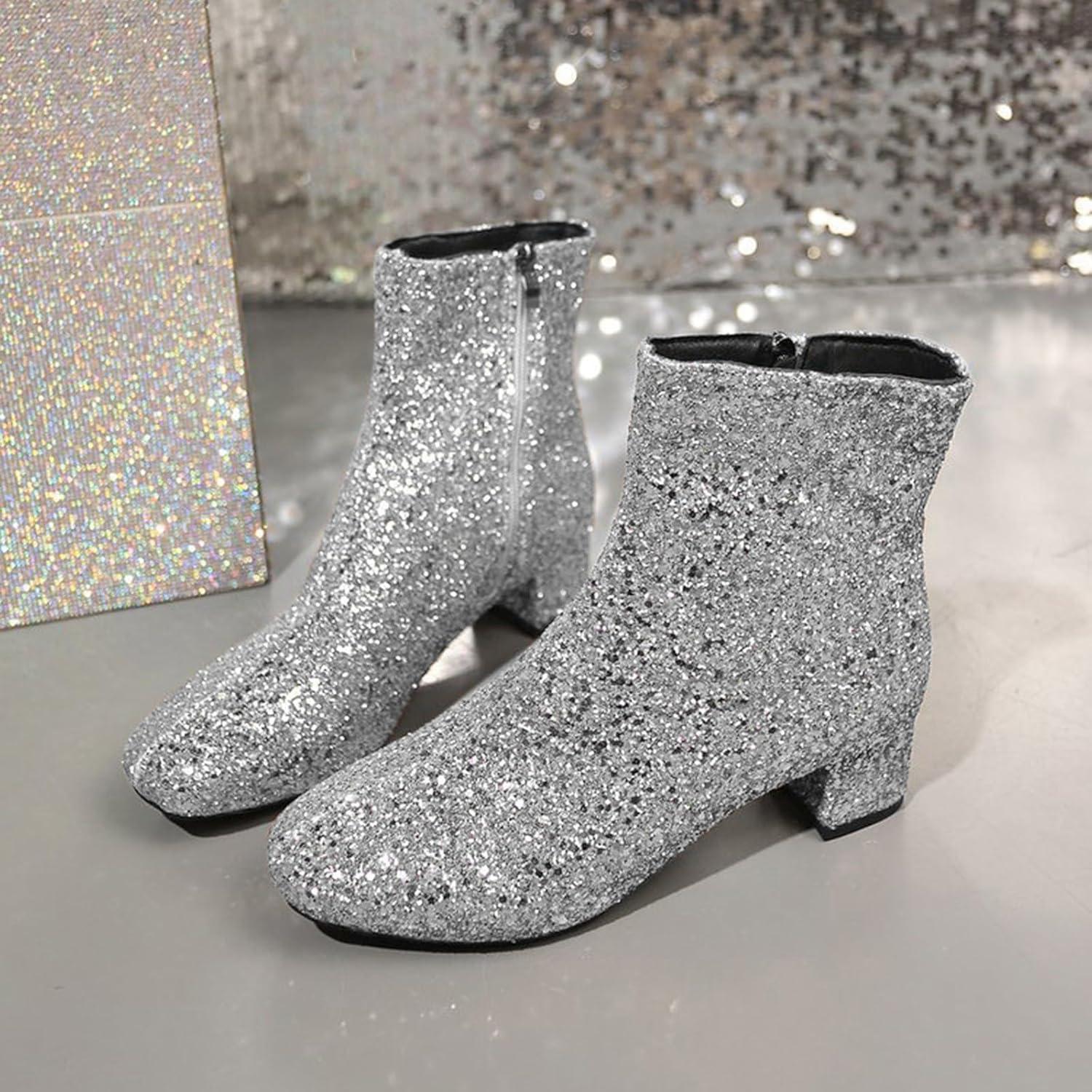 image:imageBottines paillettes pour femme avec strass et talons pais avec fermeture clair latrale bout rond talon bloc bas court habill confortable dcontractRose