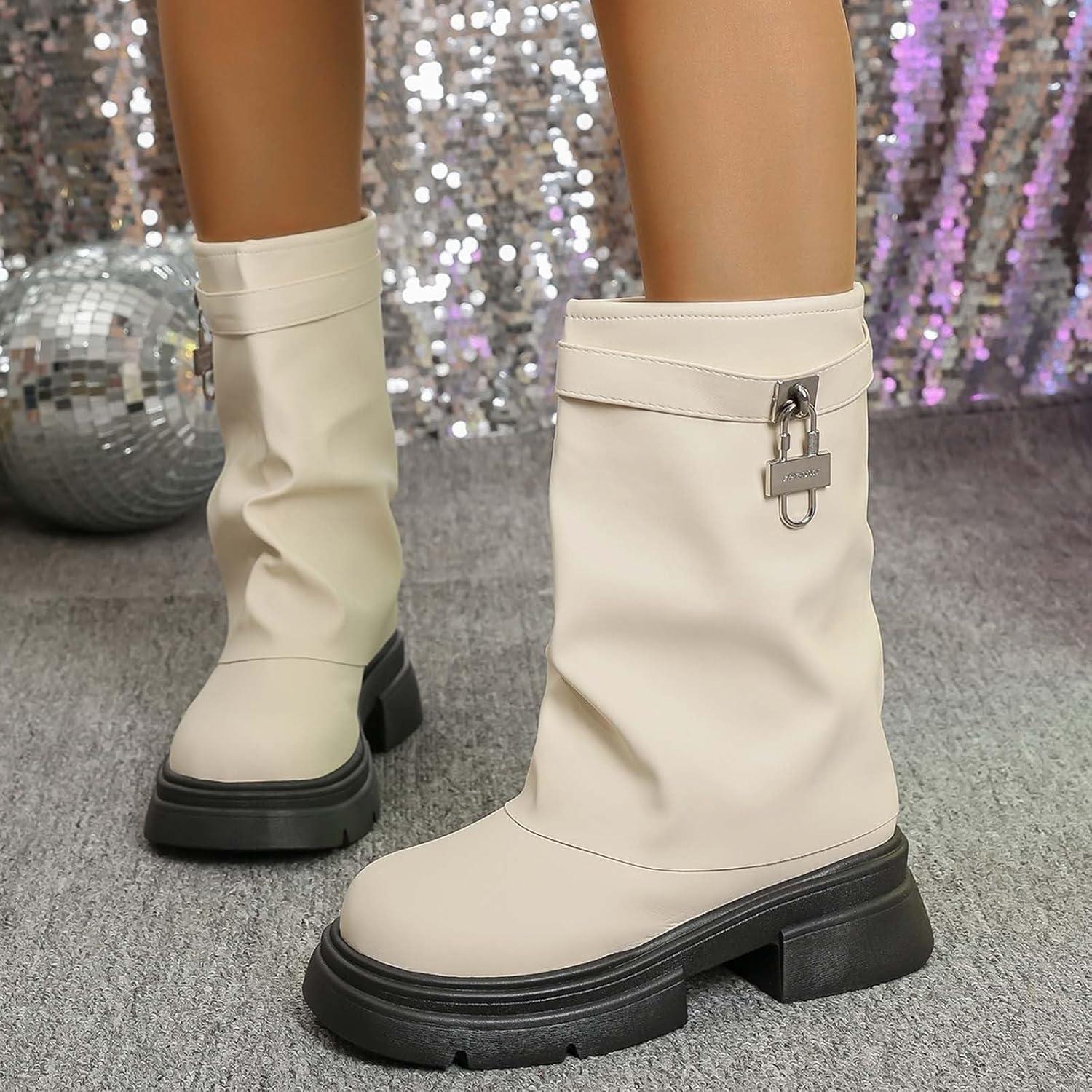 image:imageBottines talons pais pour femme Style rtro Bottes hautes polyvalentes Bottes hautesBlanc