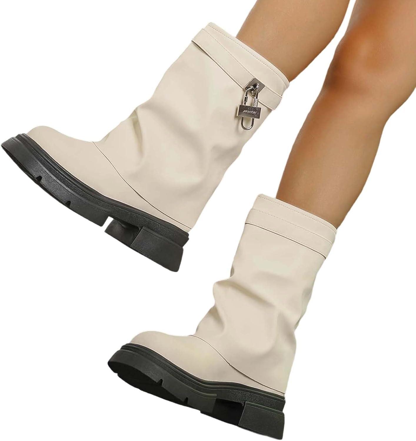 image:imageBottines talons pais pour femme Style rtro Bottes hautes polyvalentes Bottes hautesBlanc