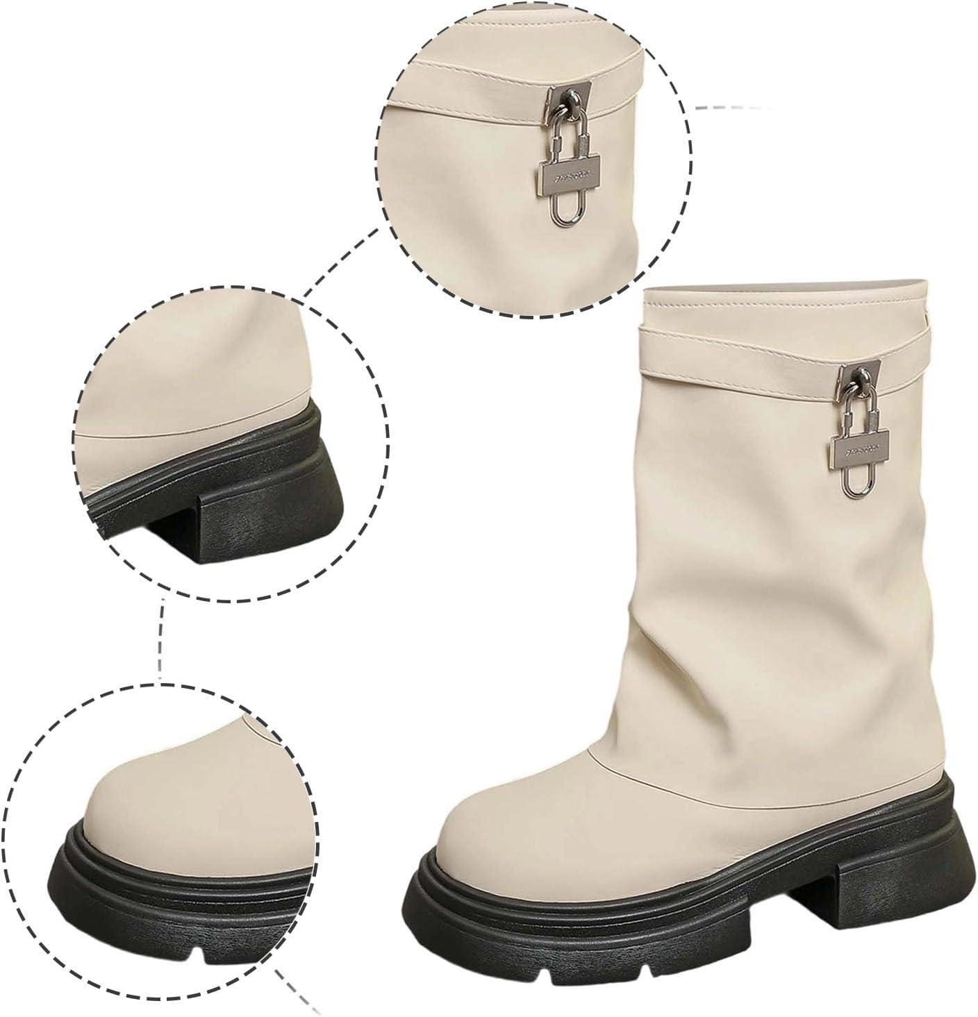 image:imageBottines talons pais pour femme Style rtro Bottes hautes polyvalentes Bottes hautesBlanc