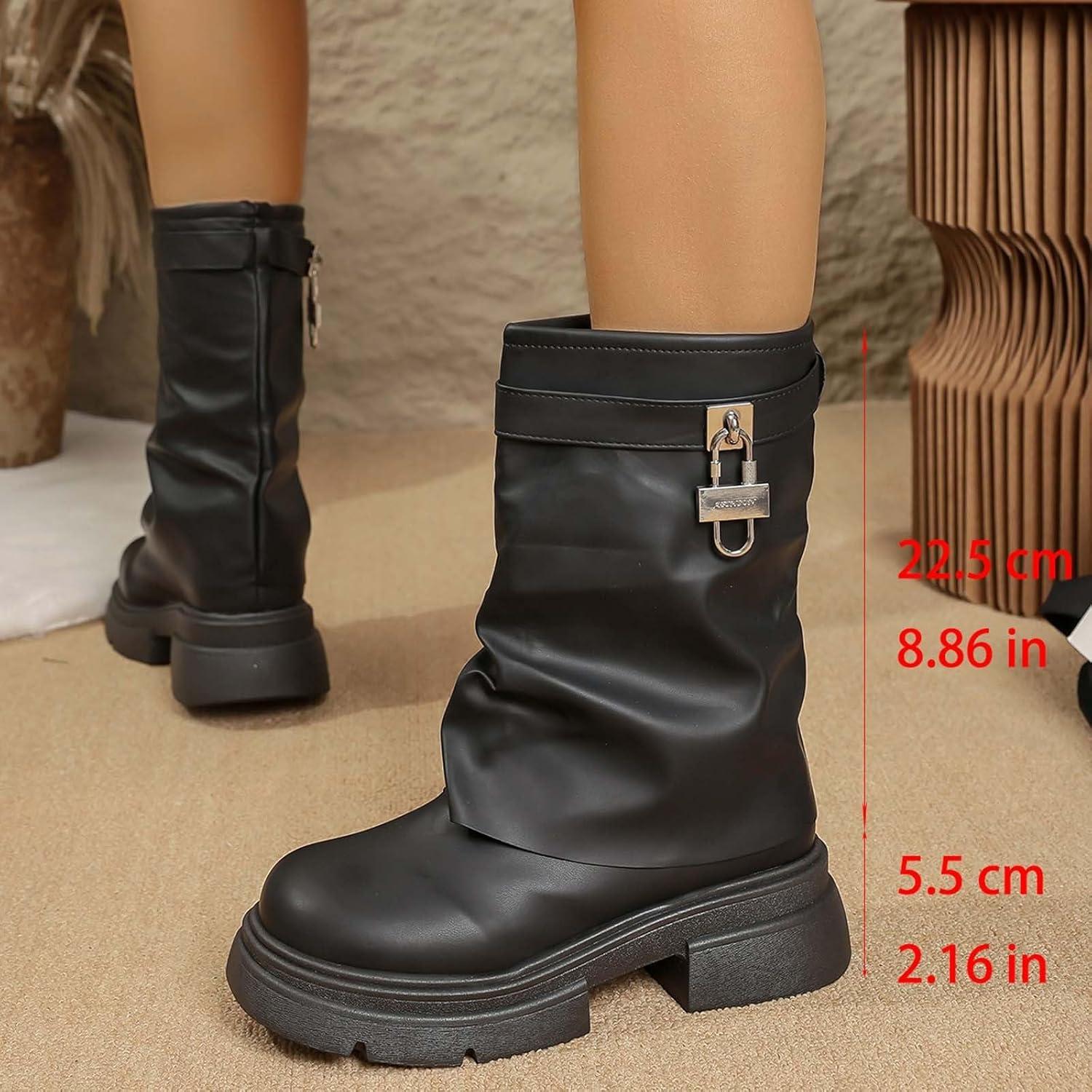 image:imageBottines talons pais pour femme Style rtro Bottes hautes polyvalentes Bottes hautesNoir