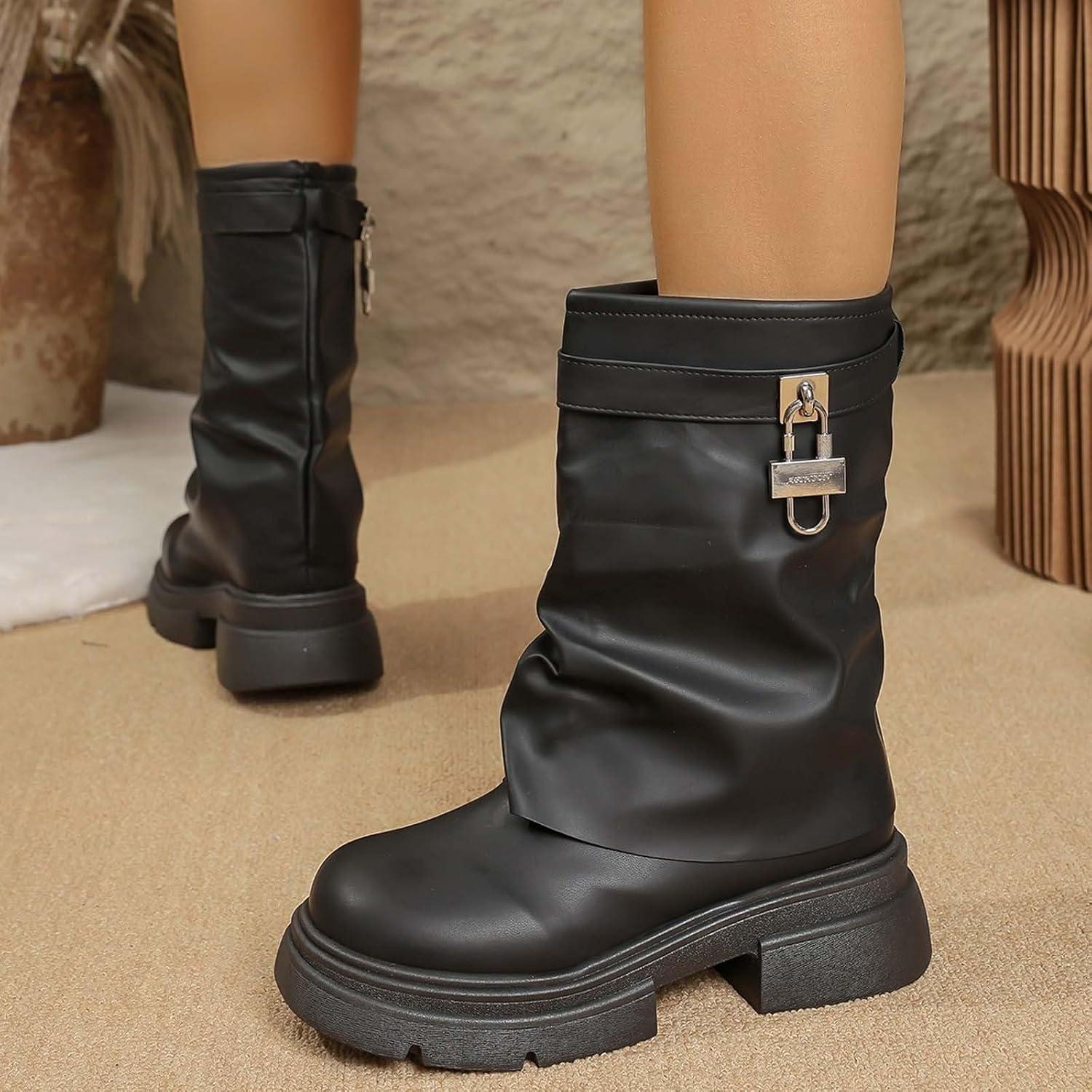 image:imageBottines talons pais pour femme Style rtro Bottes hautes polyvalentes Bottes hautesNoir