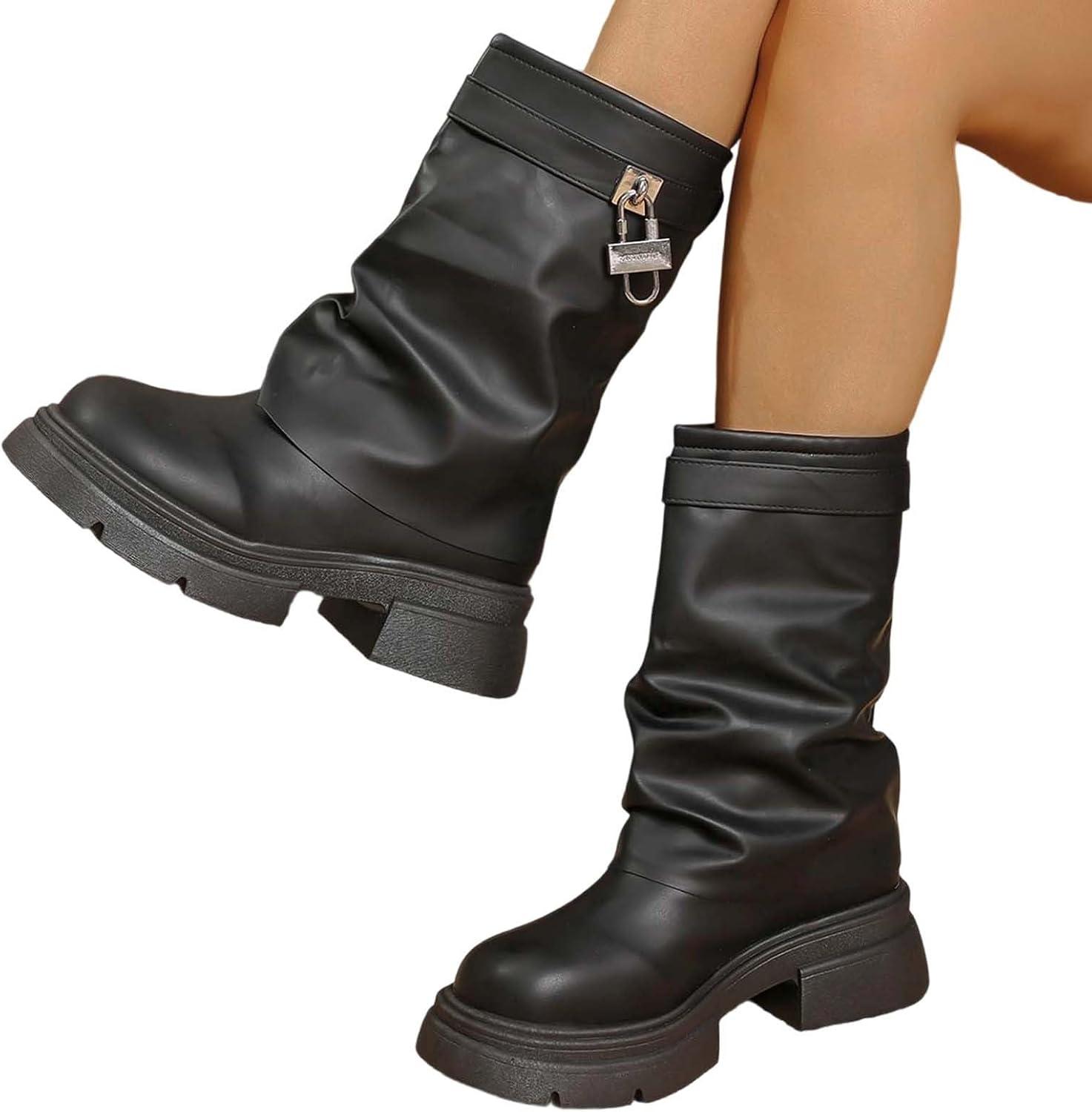 image:imageBottines talons pais pour femme Style rtro Bottes hautes polyvalentes Bottes hautesNoir