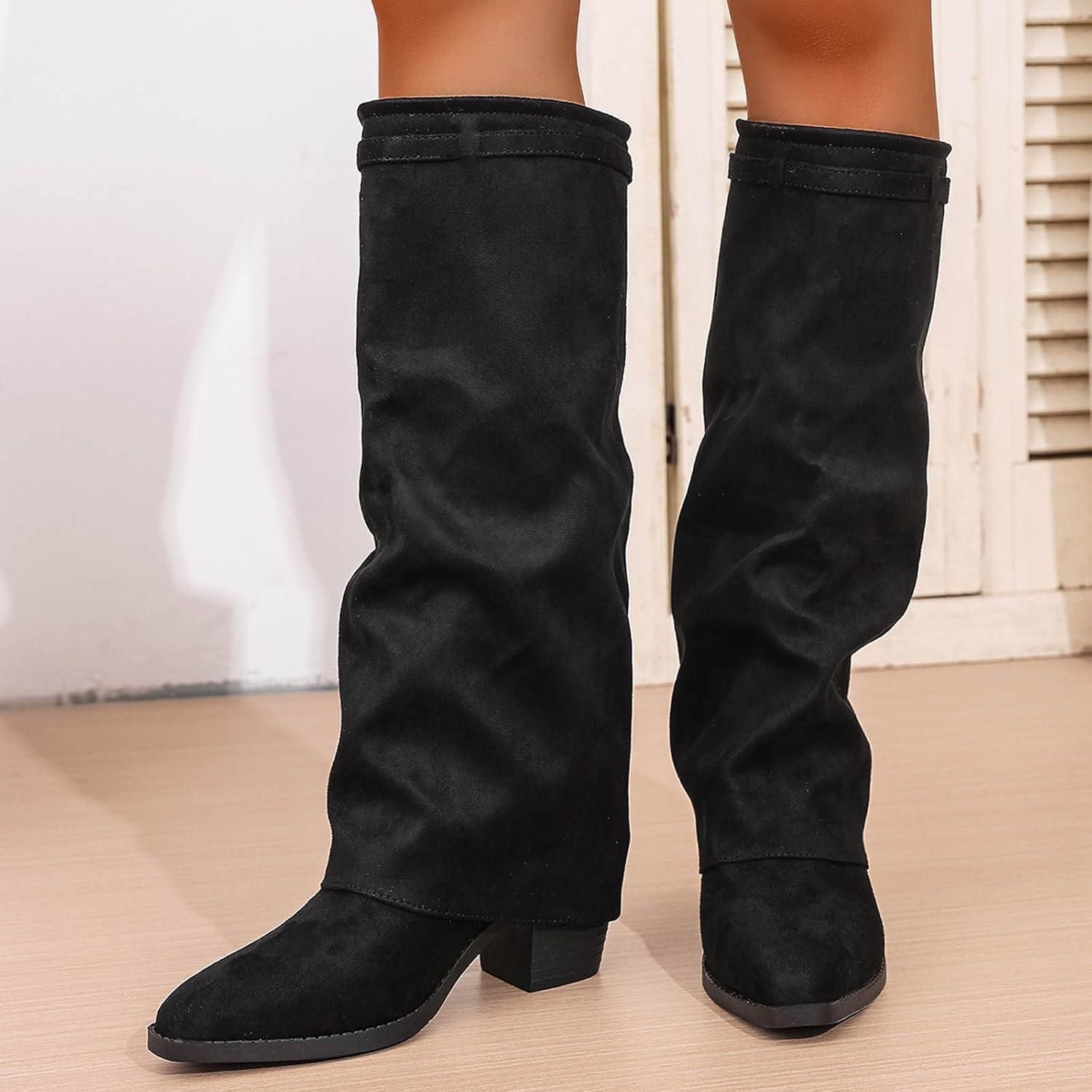 image:imageBottines mimollets pour femme Boucle en daim Bout pointu Bottes confortables talons pour lautomne et lhiver Pour lextrieurNoir