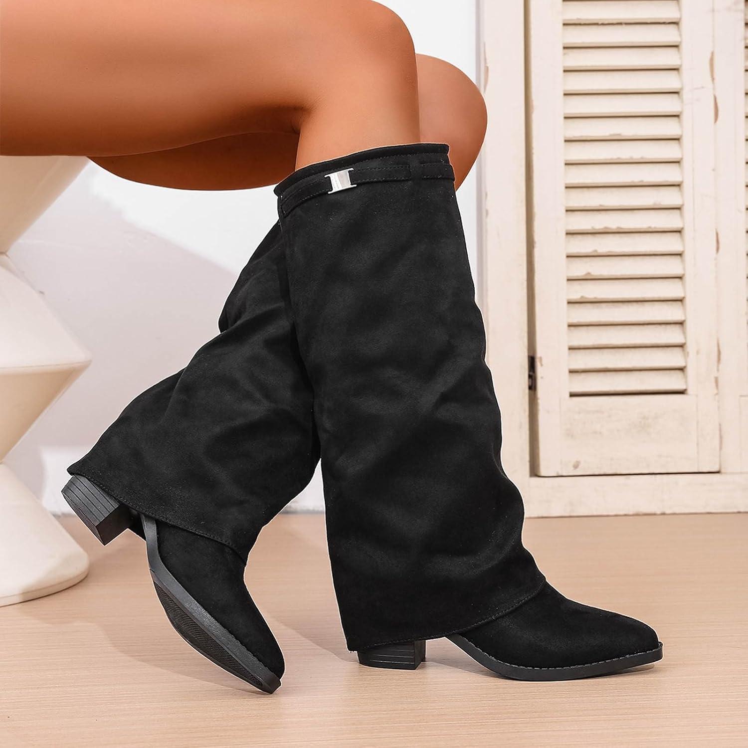 image:imageBottines mimollets pour femme Boucle en daim Bout pointu Bottes confortables talons pour lautomne et lhiver Pour lextrieurNoir