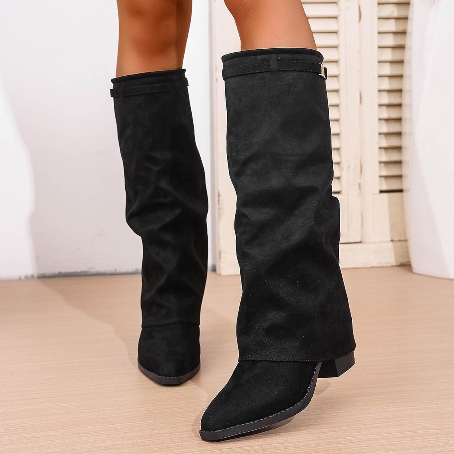 image:imageBottines mimollets pour femme Boucle en daim Bout pointu Bottes confortables talons pour lautomne et lhiver Pour lextrieurNoir