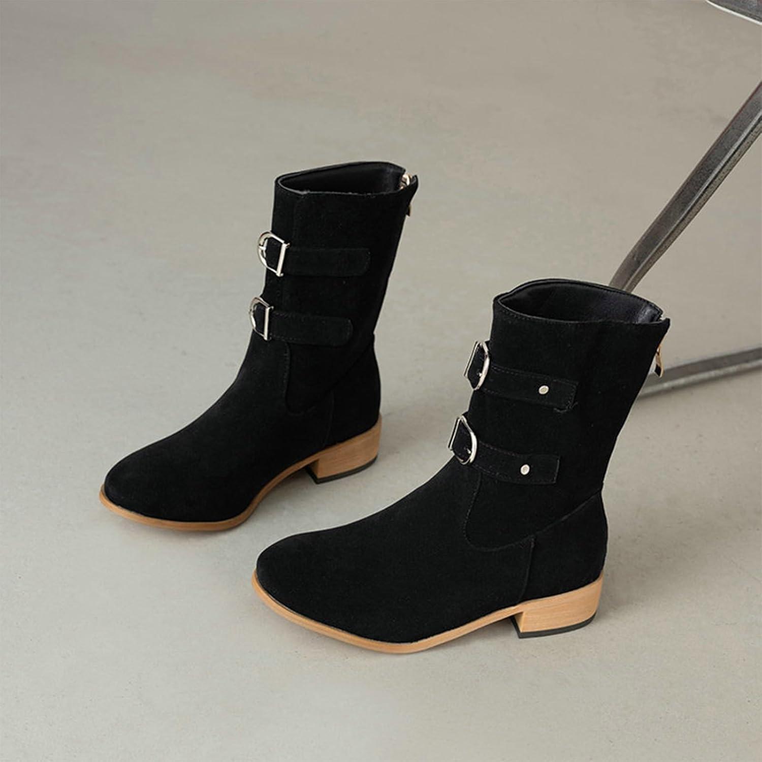 image:imageBottines pour femme 2026 mimollet bout rond plat talon pais boucle dcore enfiler cheville occidentale chaussures dquitation dcontractes Noir 365 EU