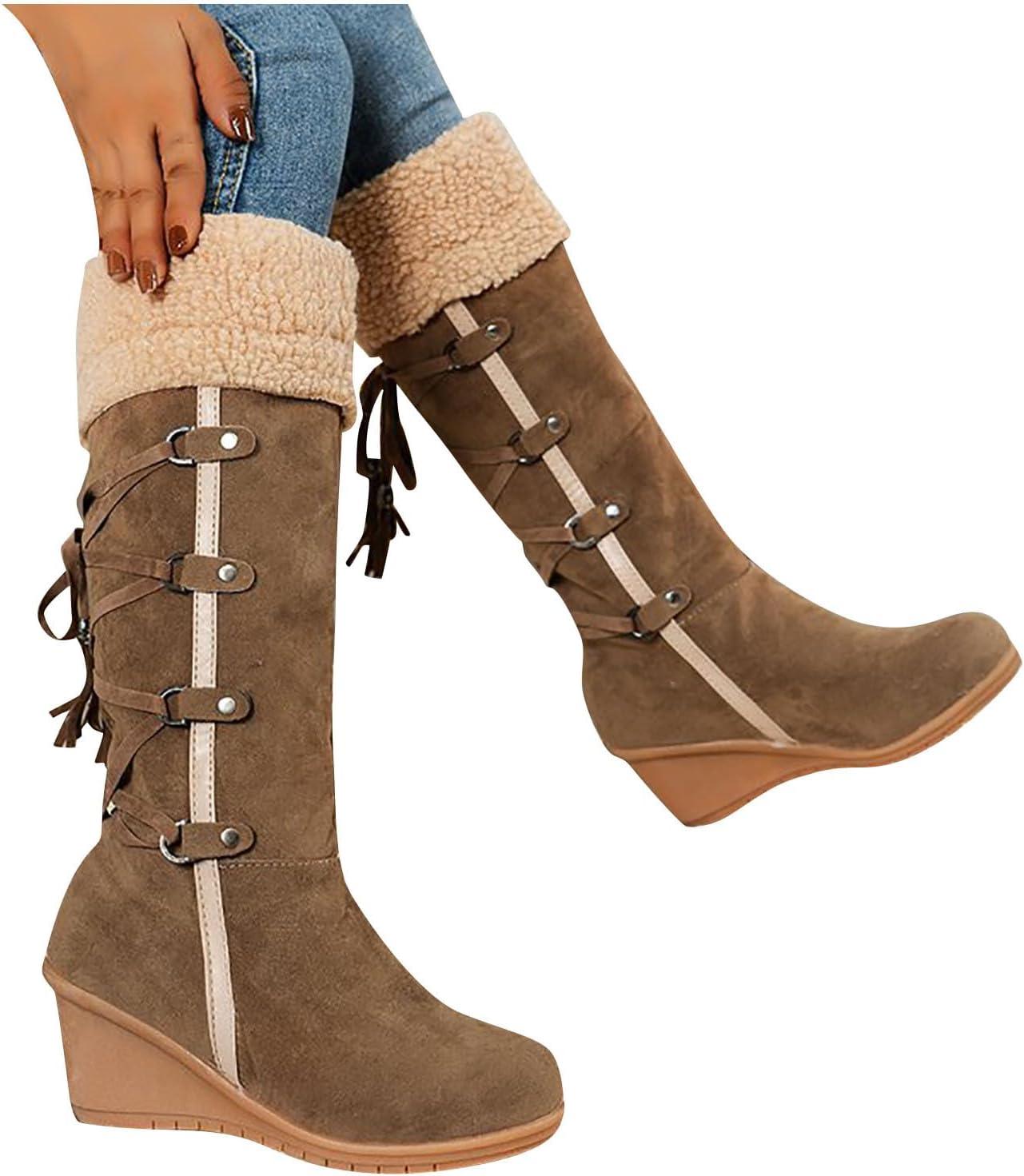 image:imageCuissardes Femme Sexy Talon Plat Bottes de Neige pour Femmes en Daim Confortable Bottes mi Mollet Bottines Chaude et Durable Botte audessus du Genou Boots Western lgants Chaussures01 Brun