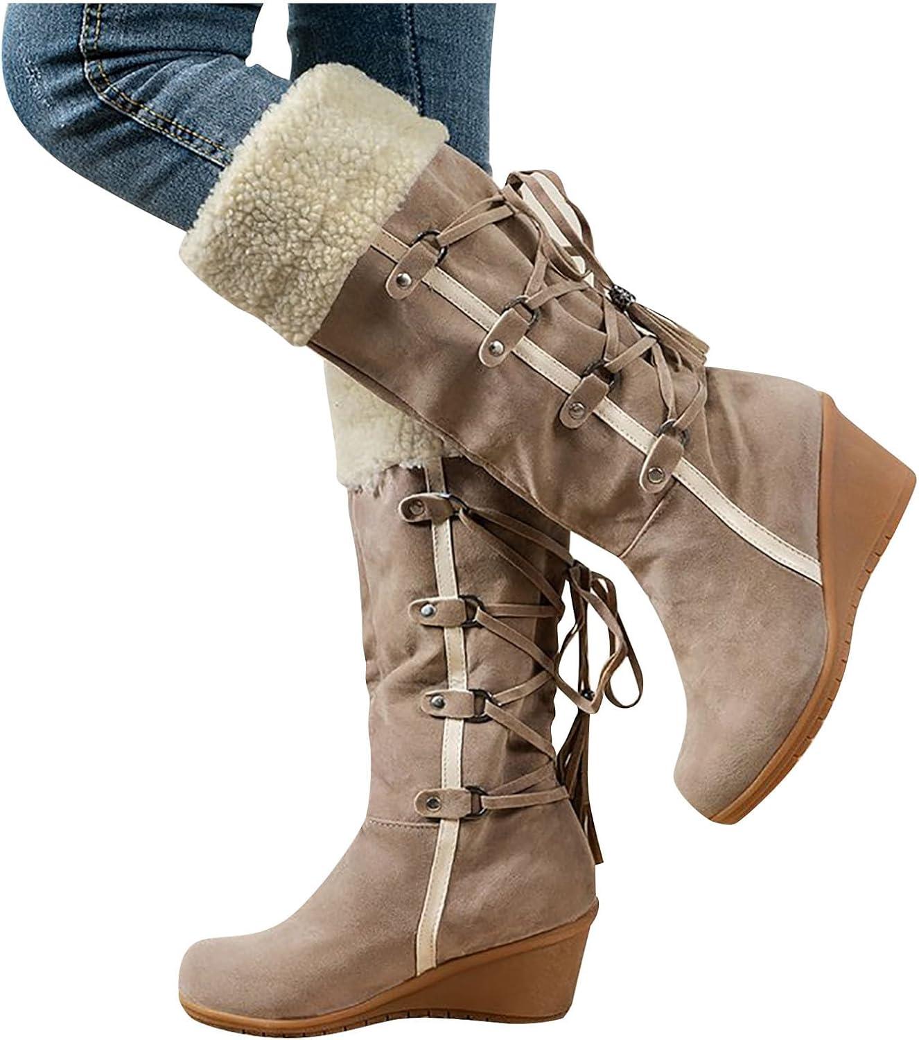 image:imageCuissardes Femme Sexy Talon Plat Bottes de Neige pour Femmes en Daim Confortable Bottes mi Mollet Bottines Chaude et Durable Botte audessus du Genou Boots Western lgants Chaussures01 Beige