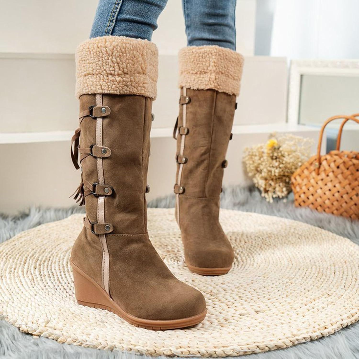 image:imageCuissardes Femme Sexy Talon Plat Bottes de Neige pour Femmes en Daim Confortable Bottes mi Mollet Bottines Chaude et Durable Botte audessus du Genou Boots Western lgants Chaussures01 Brun