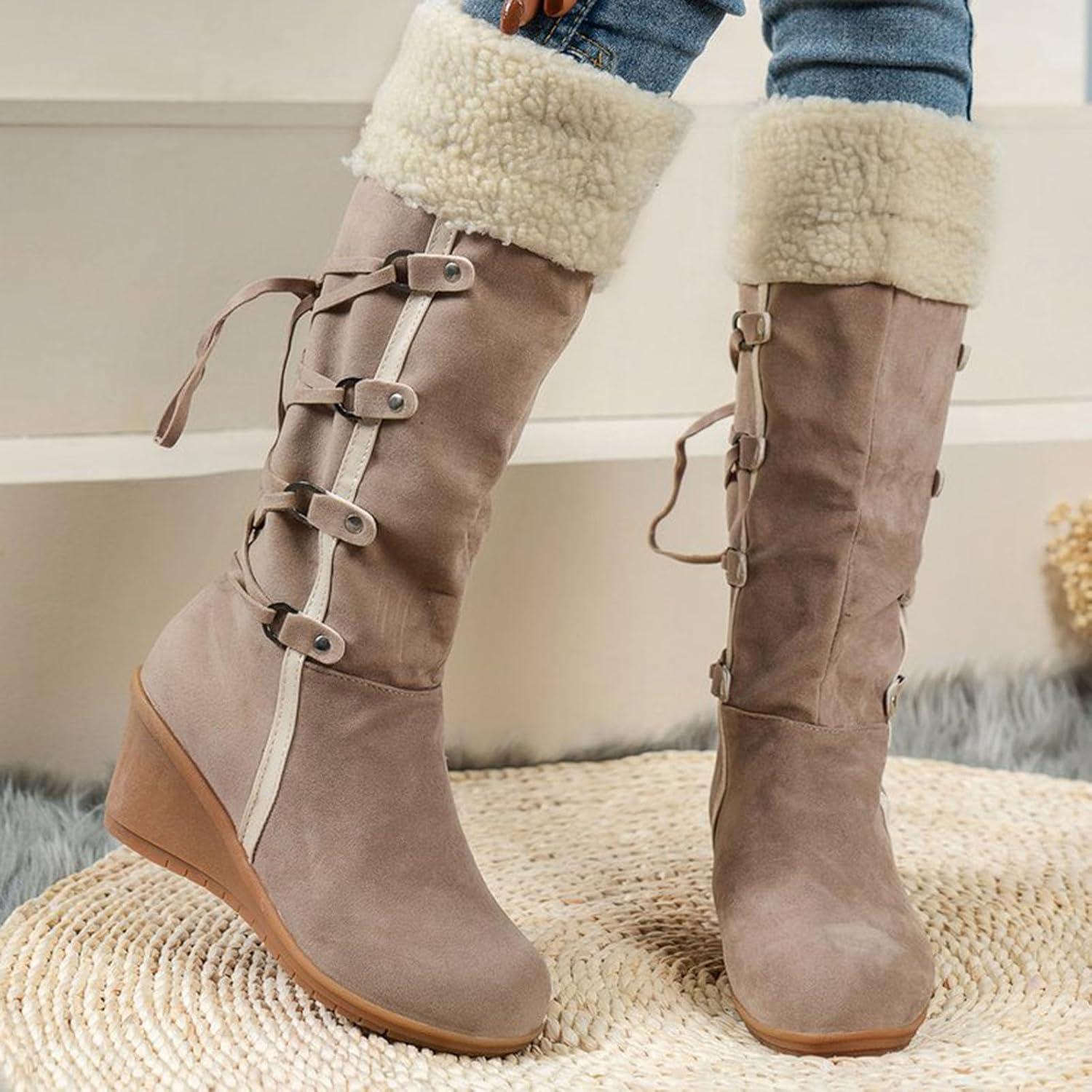 image:imageCuissardes Femme Sexy Talon Plat Bottes de Neige pour Femmes en Daim Confortable Bottes mi Mollet Bottines Chaude et Durable Botte audessus du Genou Boots Western lgants Chaussures01 Beige