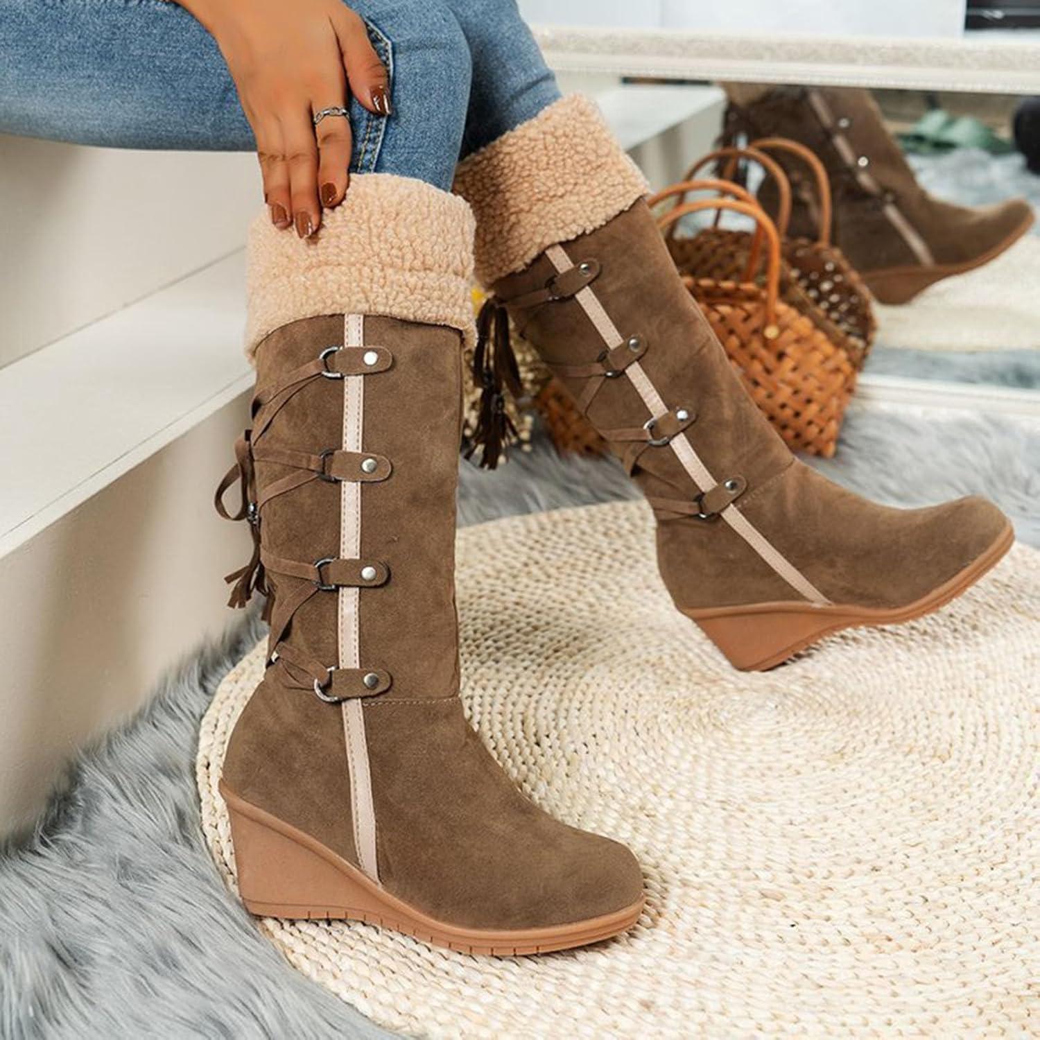 image:imageCuissardes Femme Sexy Talon Plat Bottes de Neige pour Femmes en Daim Confortable Bottes mi Mollet Bottines Chaude et Durable Botte audessus du Genou Boots Western lgants Chaussures01 Brun