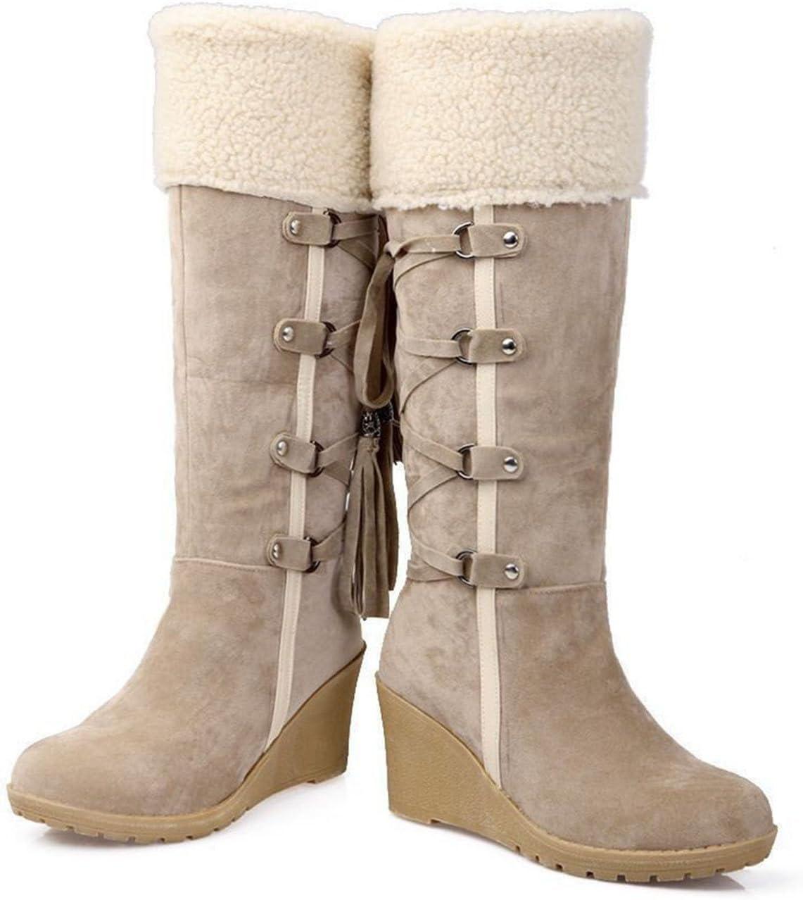 image:imageCuissardes Femme Sexy Talon Plat Bottes de Neige pour Femmes en Daim Confortable Bottes mi Mollet Bottines Chaude et Durable Botte audessus du Genou Boots Western lgants Chaussures01 Beige