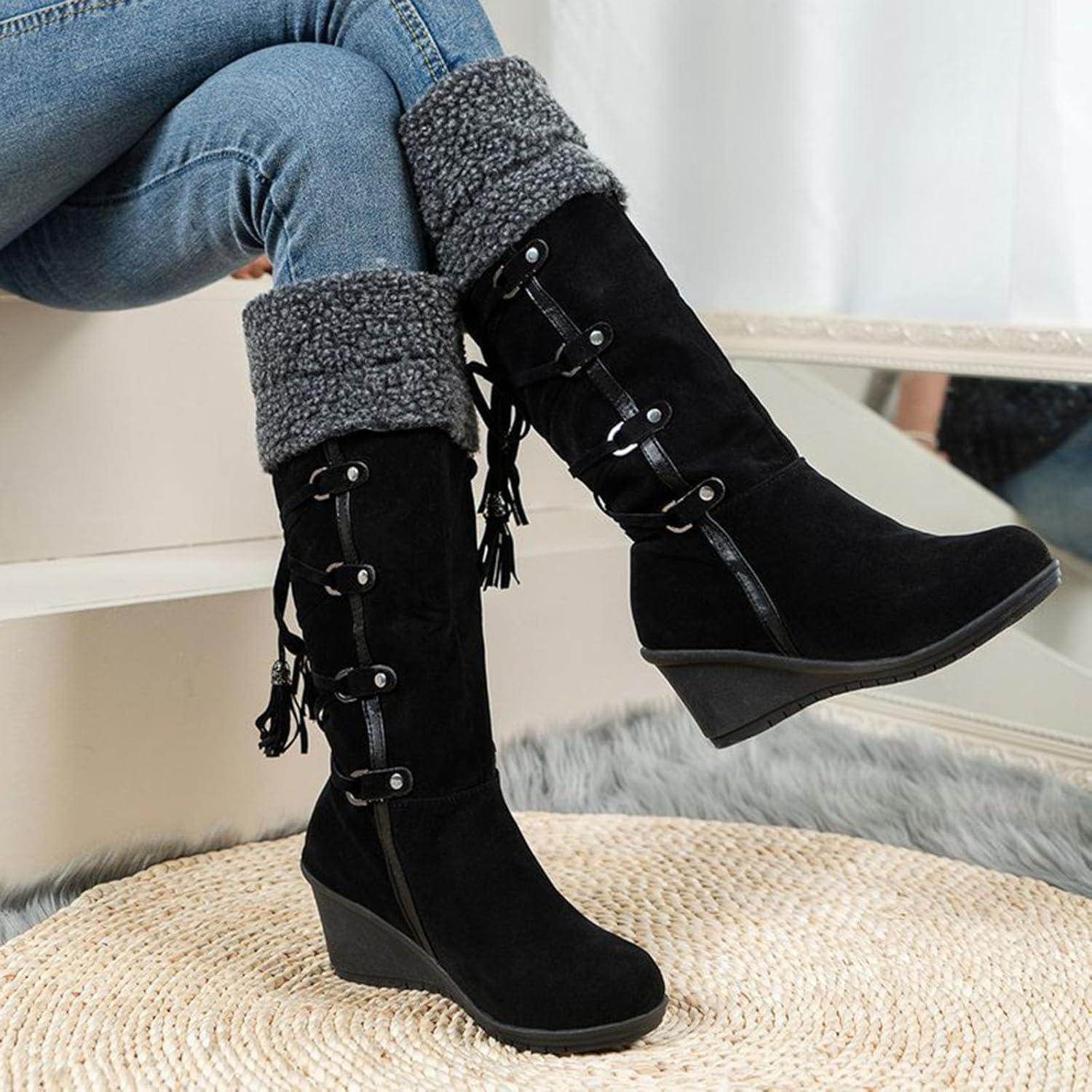 image:imageCuissardes Femme Sexy Talon Plat Bottes de Neige pour Femmes en Daim Confortable Bottes mi Mollet Bottines Chaude et Durable Botte audessus du Genou Boots Western lgants Chaussures01 le Noir