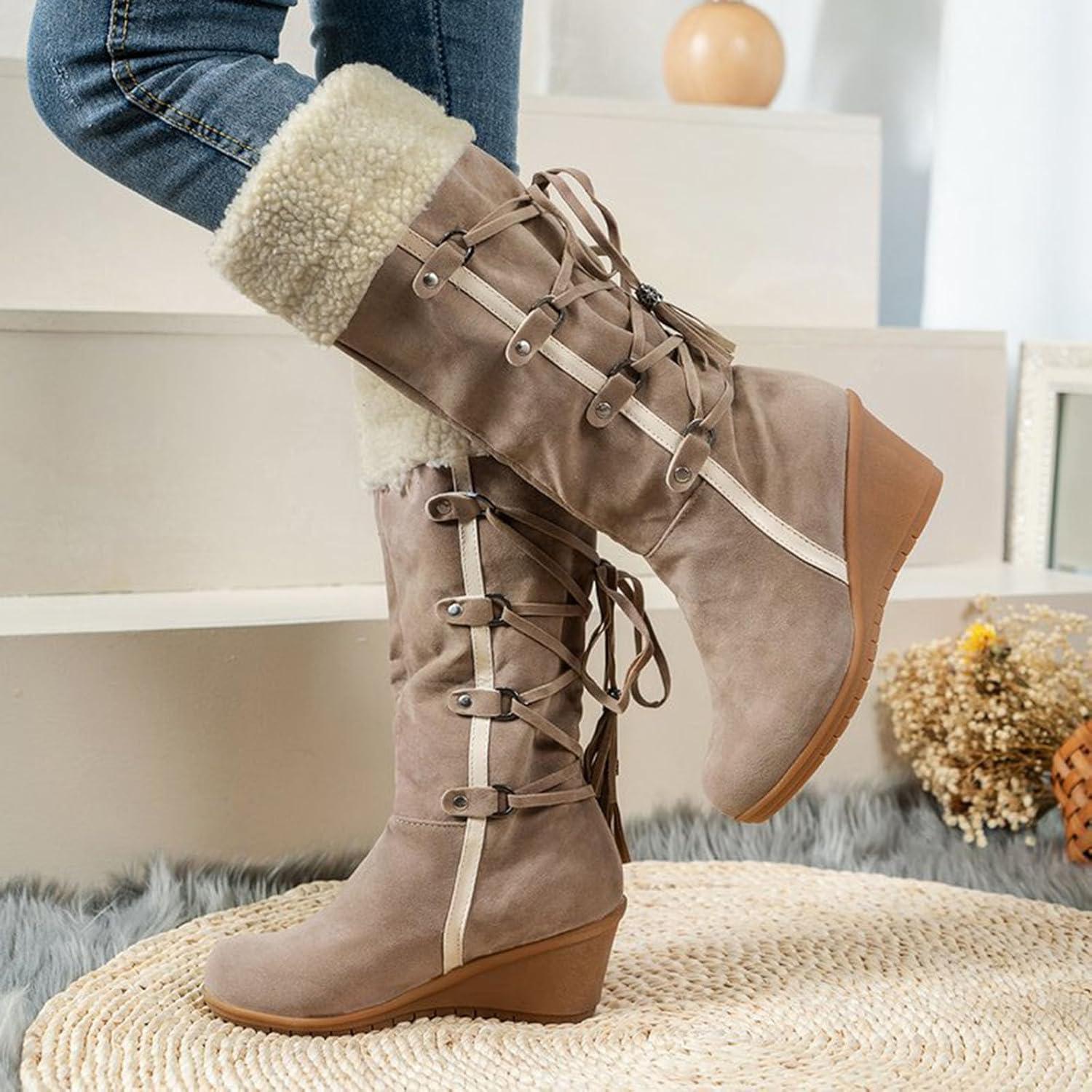 image:imageCuissardes Femme Sexy Talon Plat Bottes de Neige pour Femmes en Daim Confortable Bottes mi Mollet Bottines Chaude et Durable Botte audessus du Genou Boots Western lgants Chaussures01 Beige