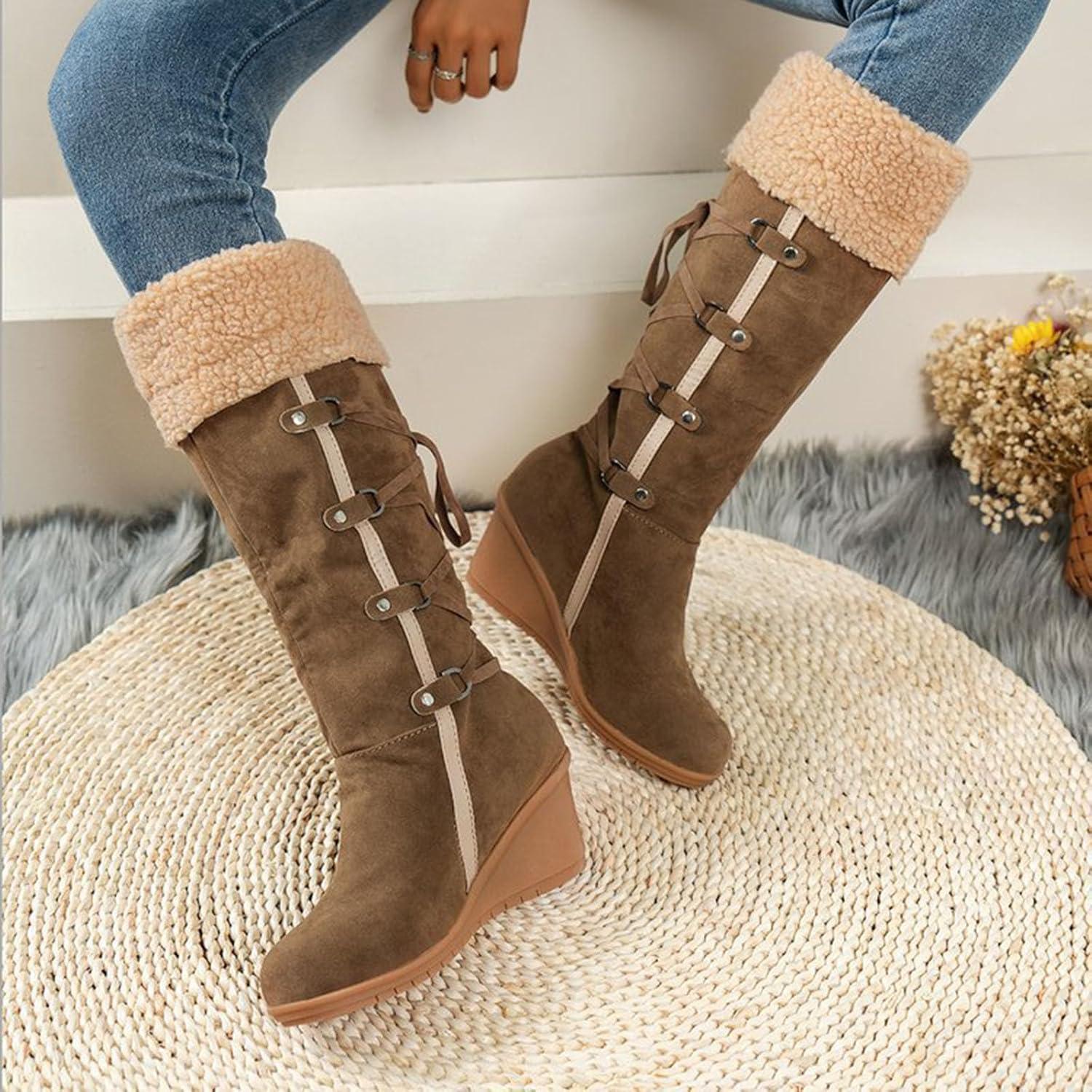 image:imageCuissardes Femme Sexy Talon Plat Bottes de Neige pour Femmes en Daim Confortable Bottes mi Mollet Bottines Chaude et Durable Botte audessus du Genou Boots Western lgants Chaussures01 Brun