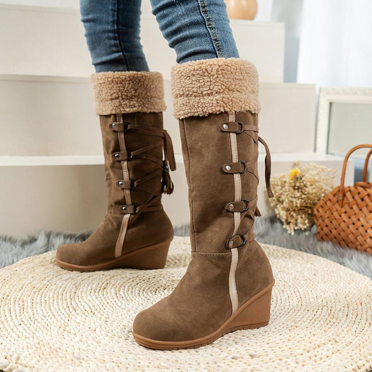 image:imageCuissardes Femme Sexy Talon Plat Bottes de Neige pour Femmes en Daim Confortable Bottes mi Mollet Bottines Chaude et Durable Botte audessus du Genou Boots Western lgants Chaussures01 Brun