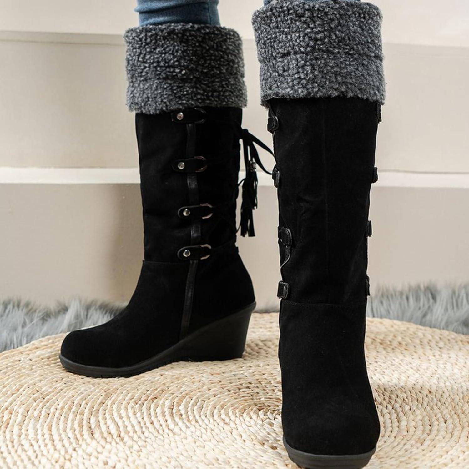 image:imageCuissardes Femme Sexy Talon Plat Bottes de Neige pour Femmes en Daim Confortable Bottes mi Mollet Bottines Chaude et Durable Botte audessus du Genou Boots Western lgants Chaussures01 le Noir