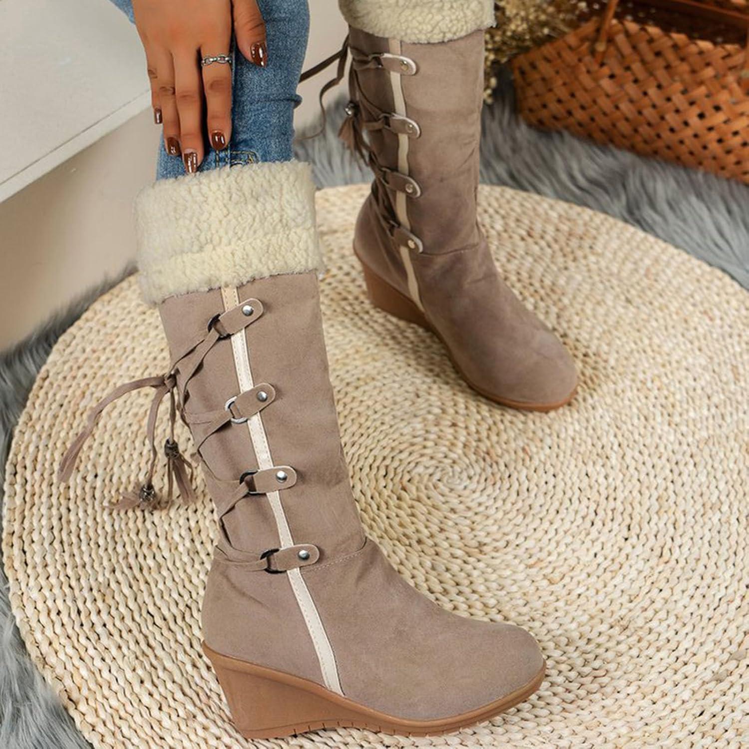 image:imageCuissardes Femme Sexy Talon Plat Bottes de Neige pour Femmes en Daim Confortable Bottes mi Mollet Bottines Chaude et Durable Botte audessus du Genou Boots Western lgants Chaussures01 Beige