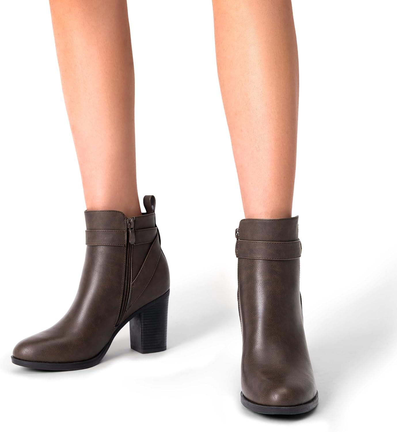 image:imageDREAM PAIRS Bottes Femme Bout Rond Classiques Fermeture clair Antidrapantes Confortables Bottines Enfiler pour Automne HiverMarron Pu