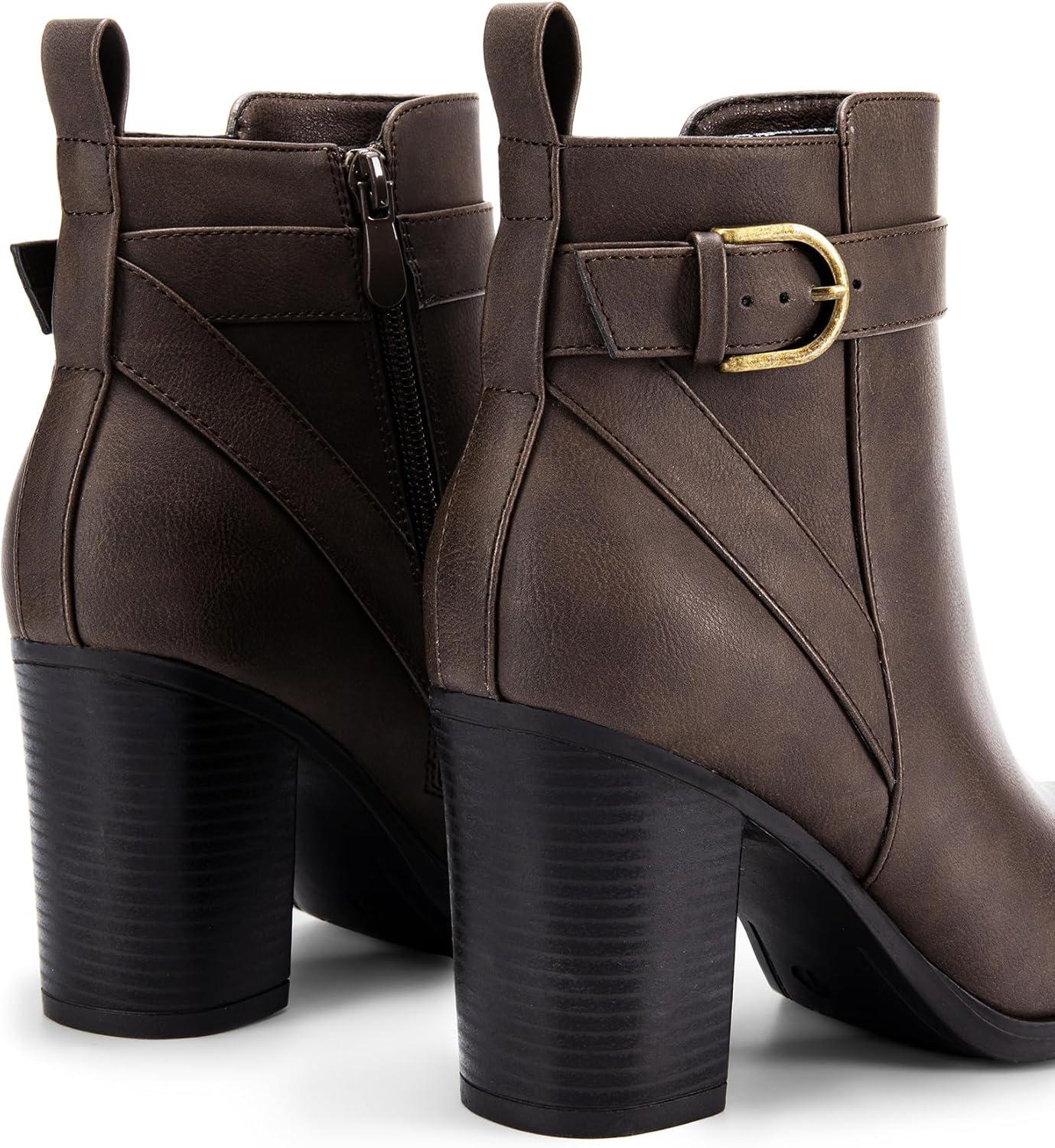image:imageDREAM PAIRS Bottes Femme Bout Rond Classiques Fermeture clair Antidrapantes Confortables Bottines Enfiler pour Automne HiverMarron Pu