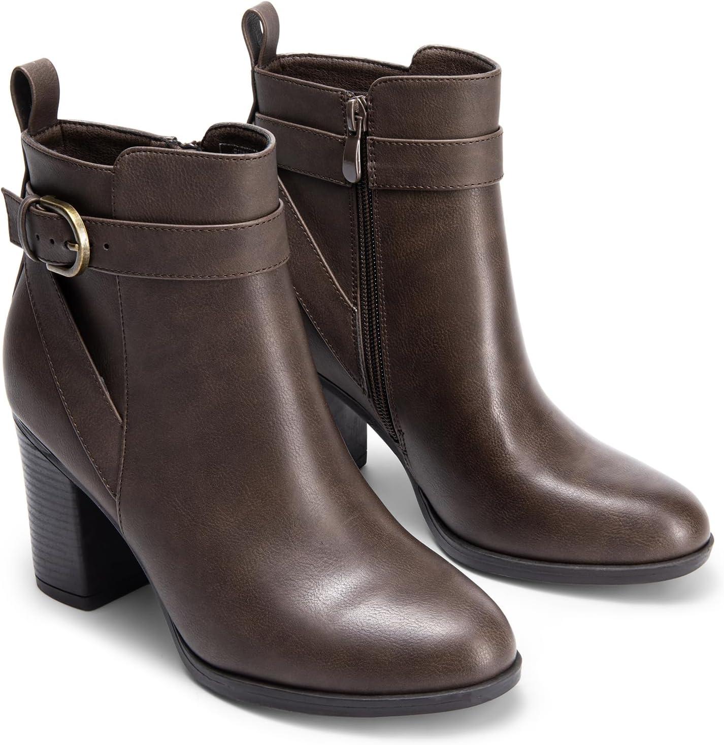 image:imageDREAM PAIRS Bottes Femme Bout Rond Classiques Fermeture clair Antidrapantes Confortables Bottines Enfiler pour Automne HiverMarron Pu