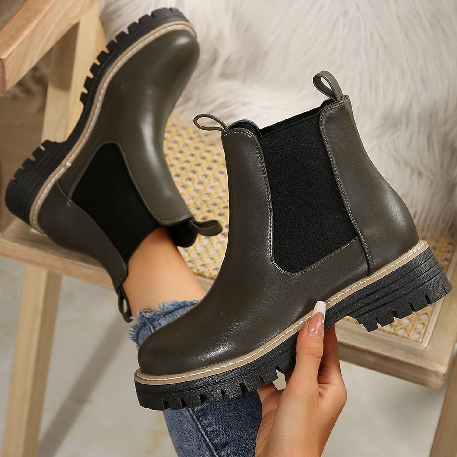 image:imageGnrique Bottines Mode Femme Talon Large Confortables Dcontractes en Cuir Doux MiMollet pour Saison HivernaleDark Vert