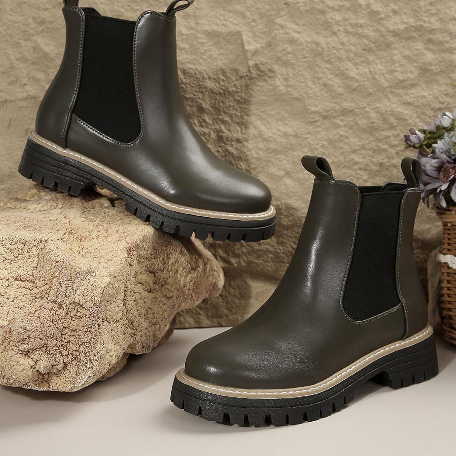 image:imageGnrique Bottines Mode Femme Talon Large Confortables Dcontractes en Cuir Doux MiMollet pour Saison HivernaleDark Vert