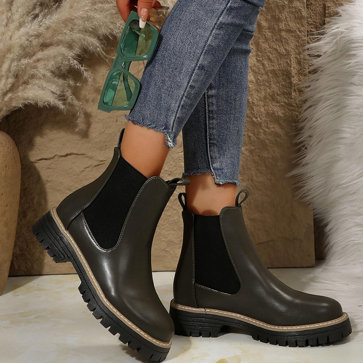 image:imageGnrique Bottines Mode Femme Talon Large Confortables Dcontractes en Cuir Doux MiMollet pour Saison HivernaleDark Vert
