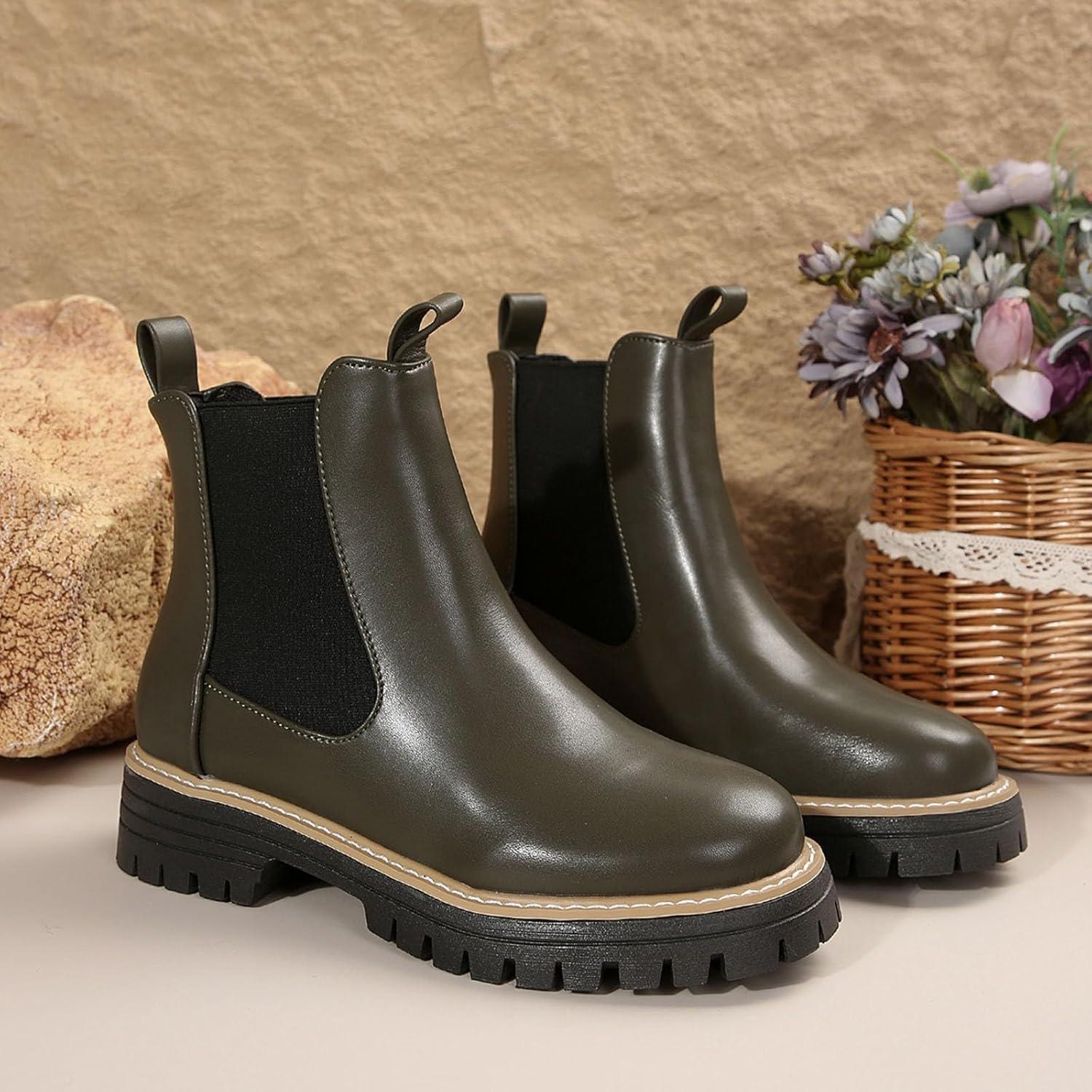 image:imageGnrique Bottines Mode Femme Talon Large Confortables Dcontractes en Cuir Doux MiMollet pour Saison HivernaleDark Vert