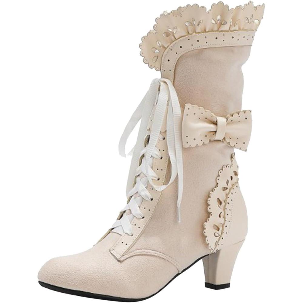 image:imageBoots Bottes mimollets pour femme avec talon lacets en cuir de veau vintage Bottes de loisirs paisses rtro pour femme Bottes de festivalBeige
