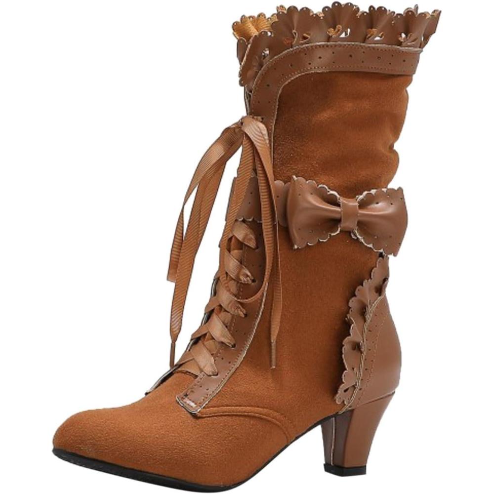 image:imageBoots Bottes mimollets pour femme avec talon lacets en cuir de veau vintage Bottes de loisirs paisses rtro pour femme Bottes de festivalKaki