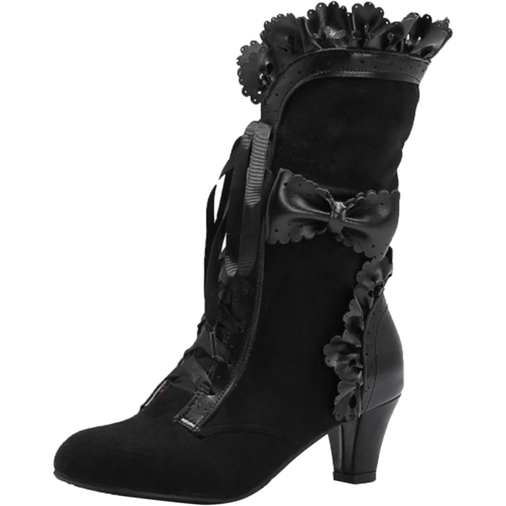 image:imageBoots Bottes mimollets pour femme avec talon lacets en cuir de veau vintage Bottes de loisirs paisses rtro pour femme Bottes de festivalNoir