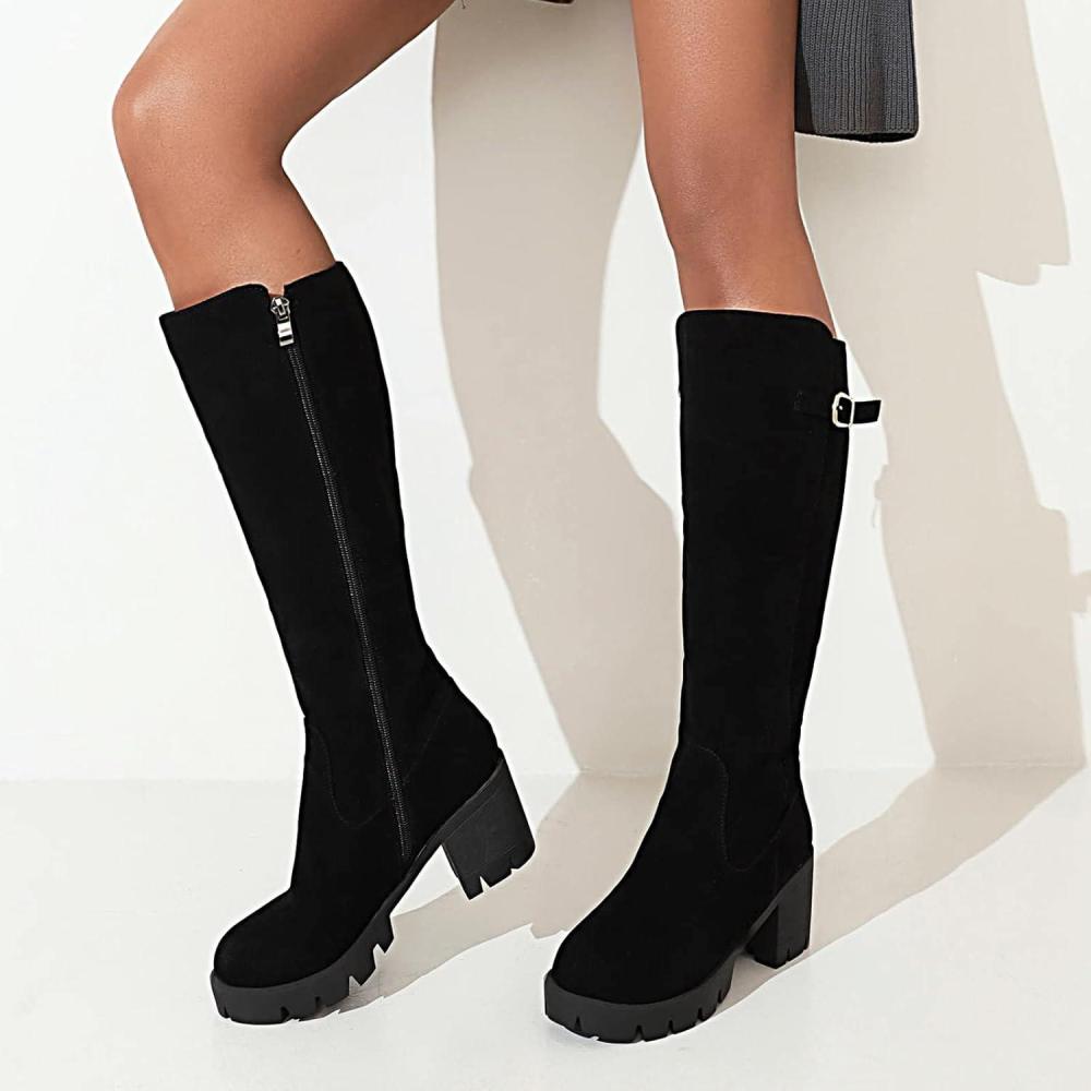 image:imageBottes Mollet Large pour Femmes Bottes Plateforme Semelle Souple MiMollet lastique Chunky Block Heel Cuir Genou High Knight Booties Bout Rond Bottes Hautes Black 65Noir