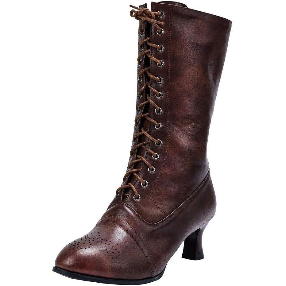 image:imageBottes lacets pour femme Longueur mollet Style victorien Cuir Talon Louis Vintage Steampunk gothiqueMarron