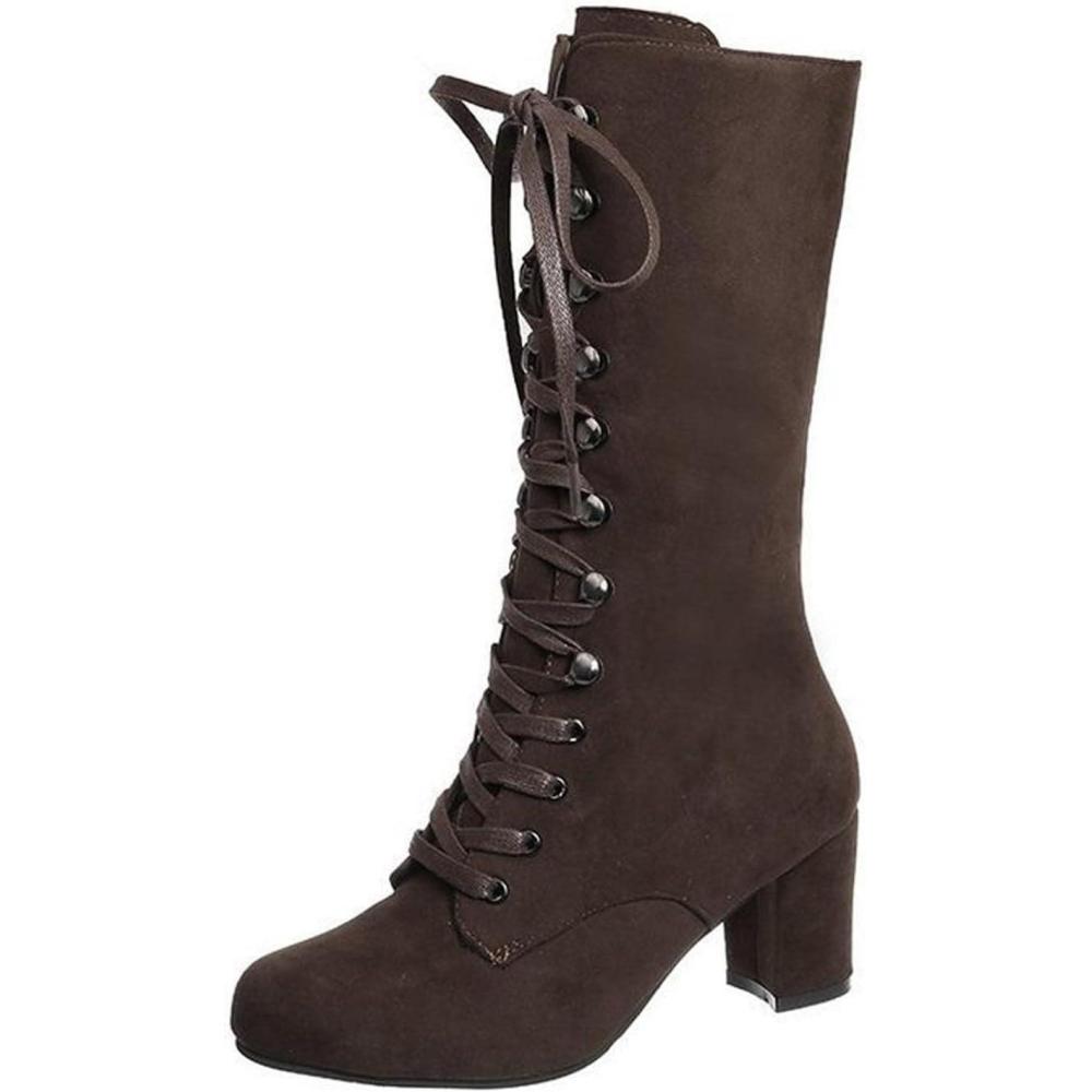 image:imageBottes Femme Talon Carr Mimollet Cne Annes 60 70 Rtro Gothique Rock Punk Hautes Au Genou Lacer Combat de Moto Cowgirl Cowboy