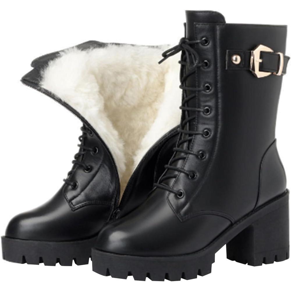 image:imageBottes Fourres Femme Bottes De Neige Femme Thermique Boots Mi Mollet Confort Boots Talon Haute Fashion Chaussure Plateforme Lacets Chaussures De Ville SoupleNoir