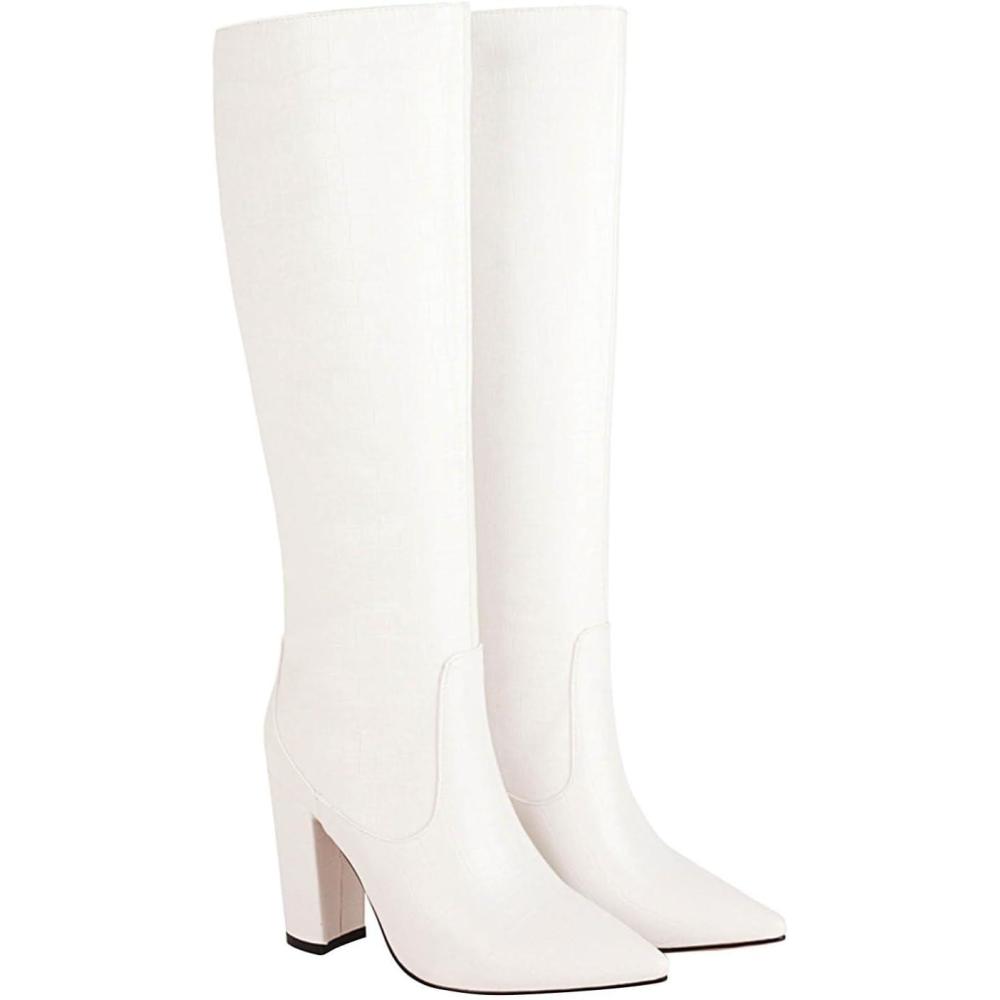 image:imageBottes Hautes pour Femmes miMollet Militaire Bottes de Combat Bottes Cuissarde Bottes Talons Le Genou Femme Bottes Hautes doubl lgre Bottes Zip Up Genou Haute Bottes hautes pour femmeBlanc