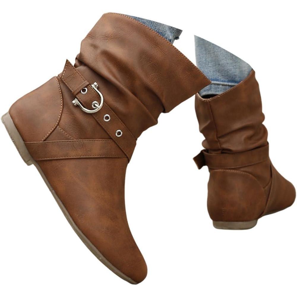 image:imageBottes MiMollet Femme Casual Botte Plat Chaussure Bottes de Cowgirl Antidrapant Bottine Chaud Boots avec Boucle pour HiverA Marron