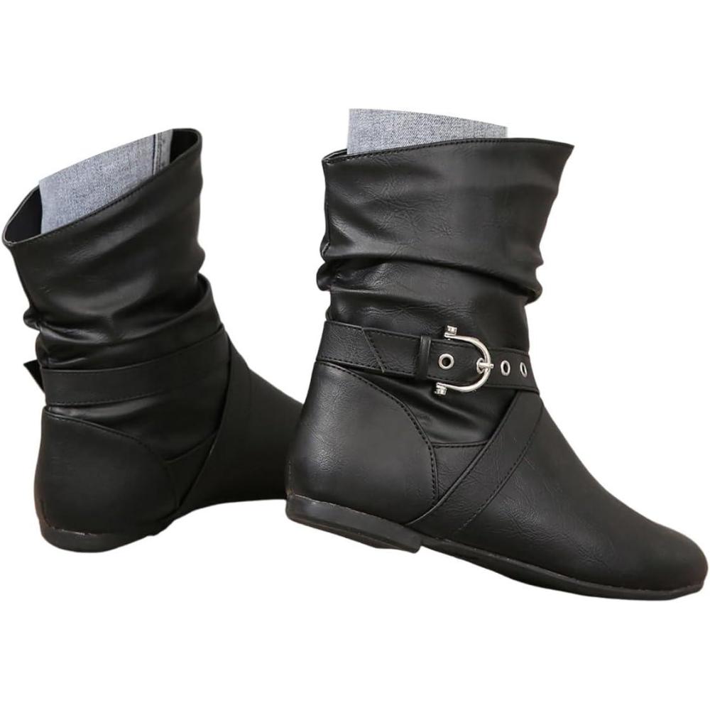 image:imageBottes MiMollet Femme Casual Botte Plat Chaussure Bottes de Cowgirl Antidrapant Bottine Chaud Boots avec Boucle pour HiverA Noir
