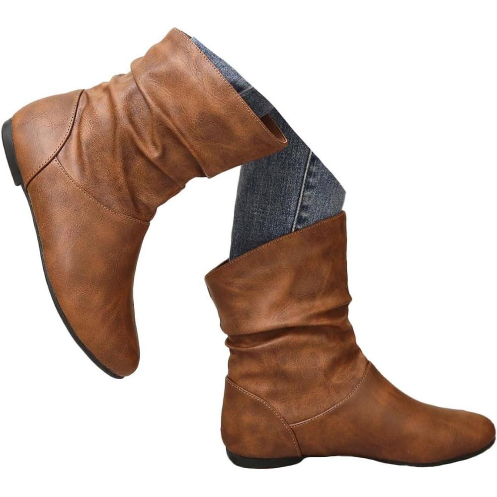 image:imageBottes MiMollet Femme Casual Botte Plat Chaussure Bottes de Cowgirl Antidrapant Bottine Chaud Boots avec Boucle pour HiverB Marron