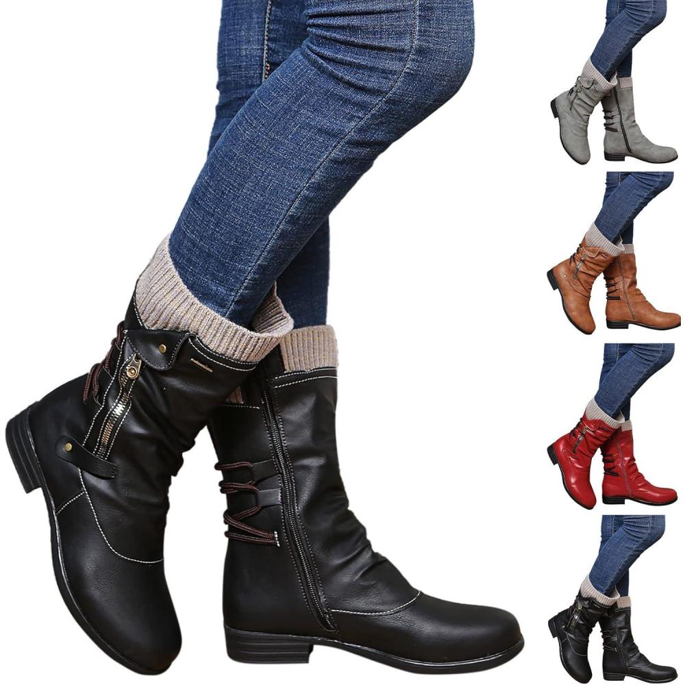 image:imageBottes Plateforme MiMollet pour Femme Bout Rond Bottines Femme Plates Cuir 2025 Nouveau Bottine Couleur Unie Dcontract Botte Automne Hiver Chic Boot Mi Mollet Chaussure Y2K Chaussures BotteGris