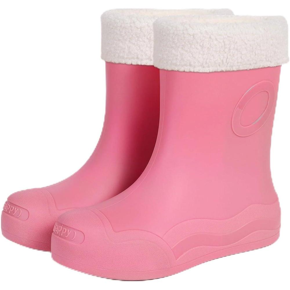 image:imageBottes Pluie Haute Femme Confortable Boots Femme Bottes Caoutchouc Fourres Bottines Hiver Botas Plateforme de Talon Carr Para Mujer MiMollet pour Chaussures HiverRose