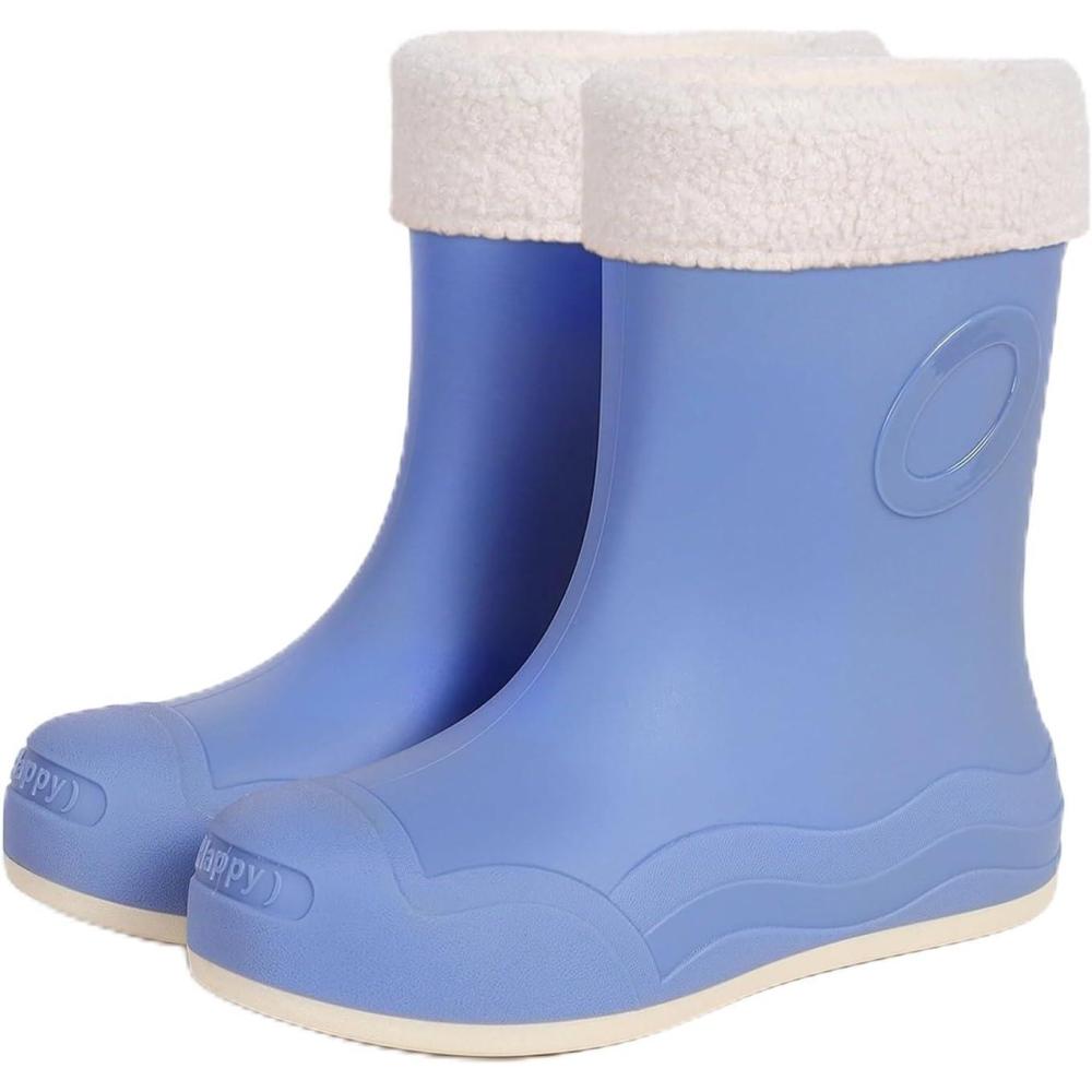 image:imageBottes Pluie Mollets Larges Talon Femme Bottes Caoutchouc Fourres Femme Bottines Talons Carrs pour MiMollet Semelles Antidrapantes HiverBleu Ciel