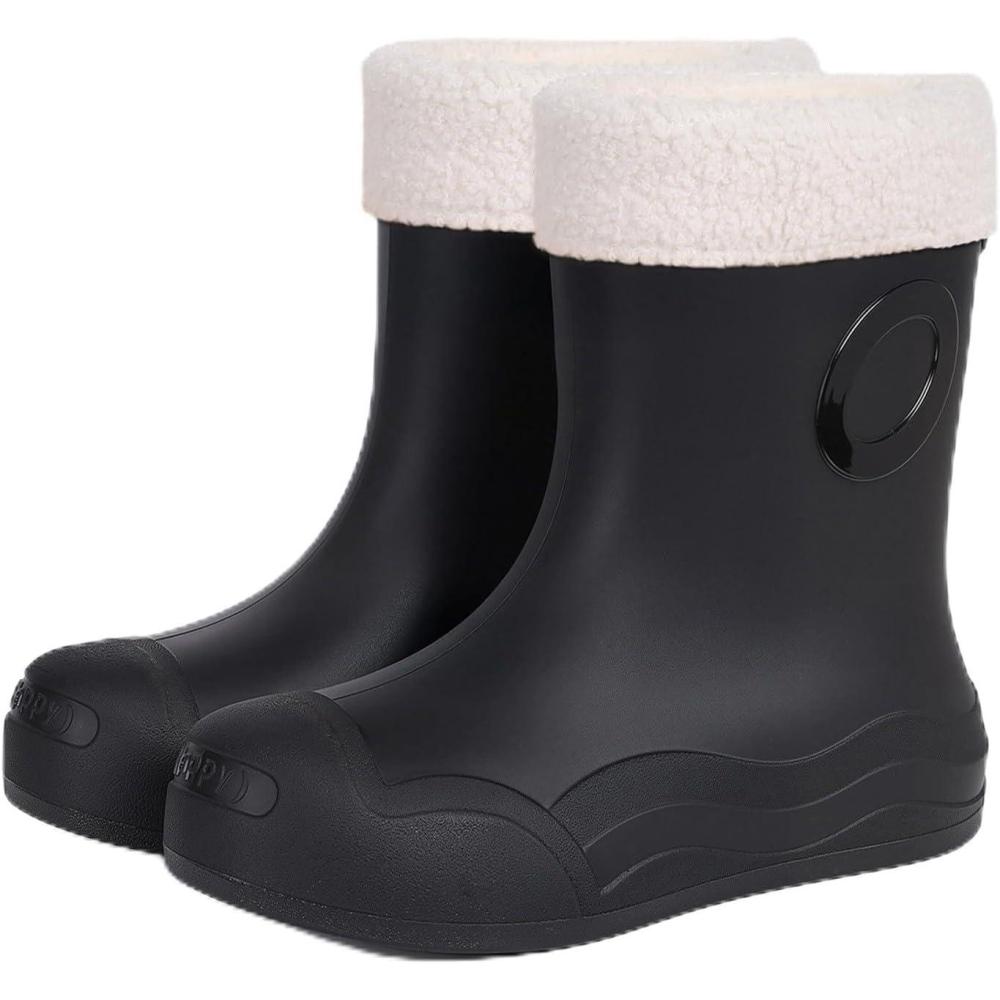 image:imageBottes Pluie Mollets Larges Talon Femme Bottes Caoutchouc Fourres Femme Bottines Talons Carrs pour MiMollet Semelles Antidrapantes HiverNoir