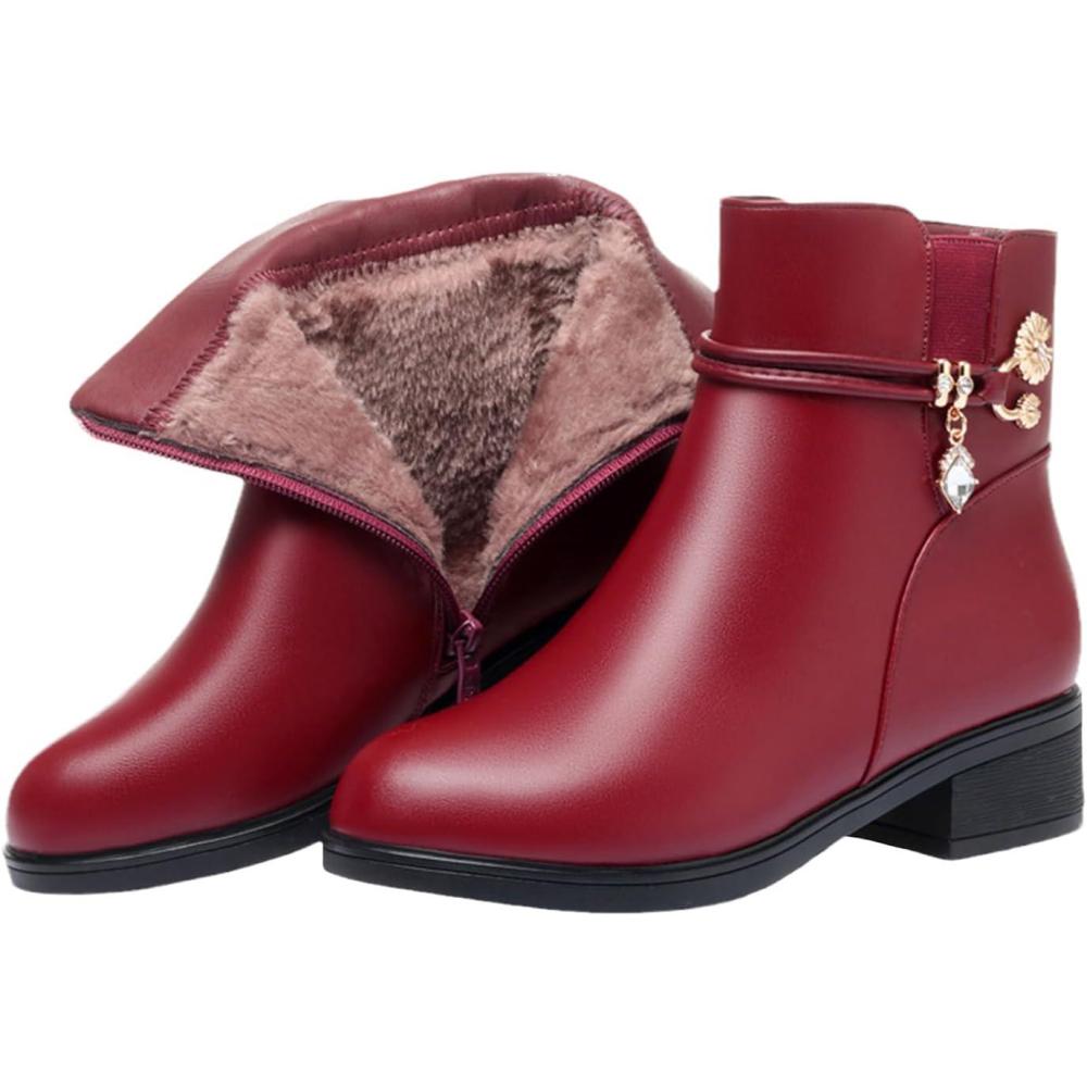 image:imageBottes dhiver bottines pour femmes bottes doubles chaudes bottes plateforme cuir bottes de neige impermables chaussures de marche en plein air baskets bottes dhiver confortablesVin Rouge