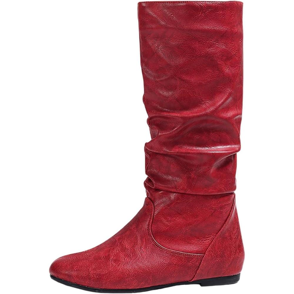 image:imageBottes dquitation dhiver pour femme avec mollets mihauts en cuir dcontractes fermeture clair latrale talon plat bottines confortables pour un usage quotidienRouge