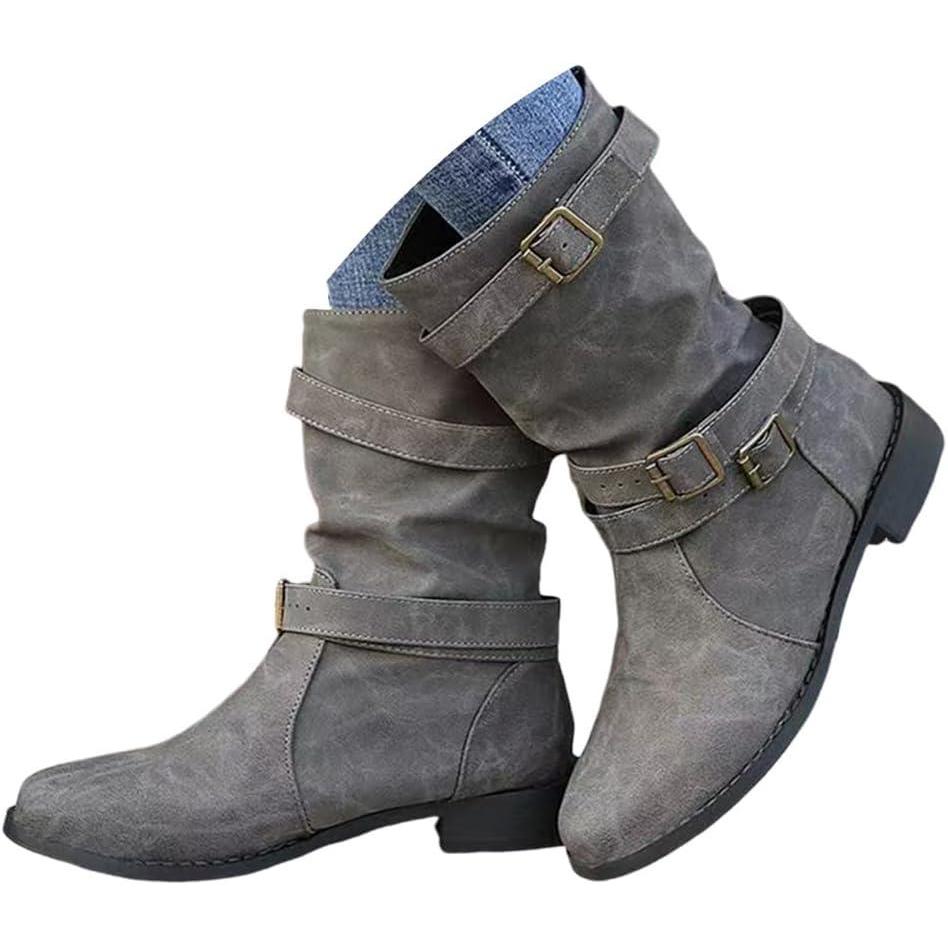 image:imageBottes et Bottines Femme de Cowboy Motard Casual Bottes Talons Pais Hiver Mode Bout Rond Confortables sans Lacet Chaussures Courtes MiMollet BottesA Gris