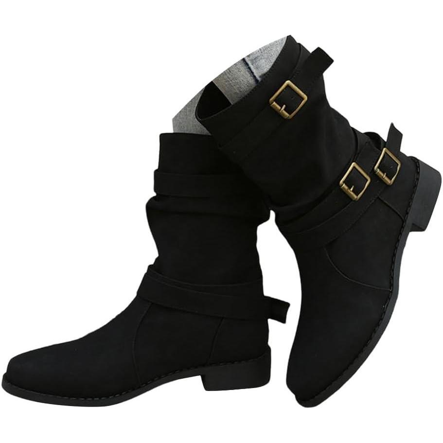 image:imageBottes et Bottines Femme de Cowboy Motard Casual Bottes Talons Pais Hiver Mode Bout Rond Confortables sans Lacet Chaussures Courtes MiMollet BottesA Noir